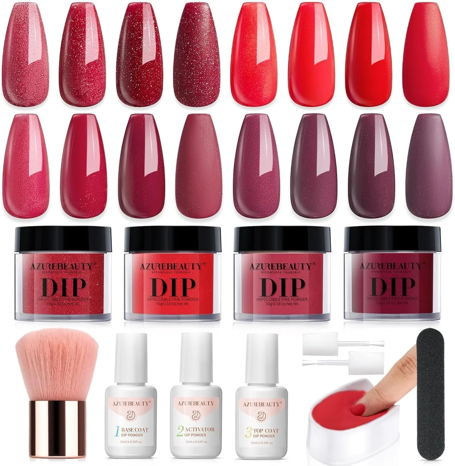 ست پودر دیپ ناخن AZUREBEAUTY، 4 رنگ قرمز بورگاندی بری، سیستم پودر دیپینگ، ست مایع سینی بازیافت با بیس و تاپ کت فعال کننده برای طراحی ناخن فرانسوی، مانیکور سالن DIY