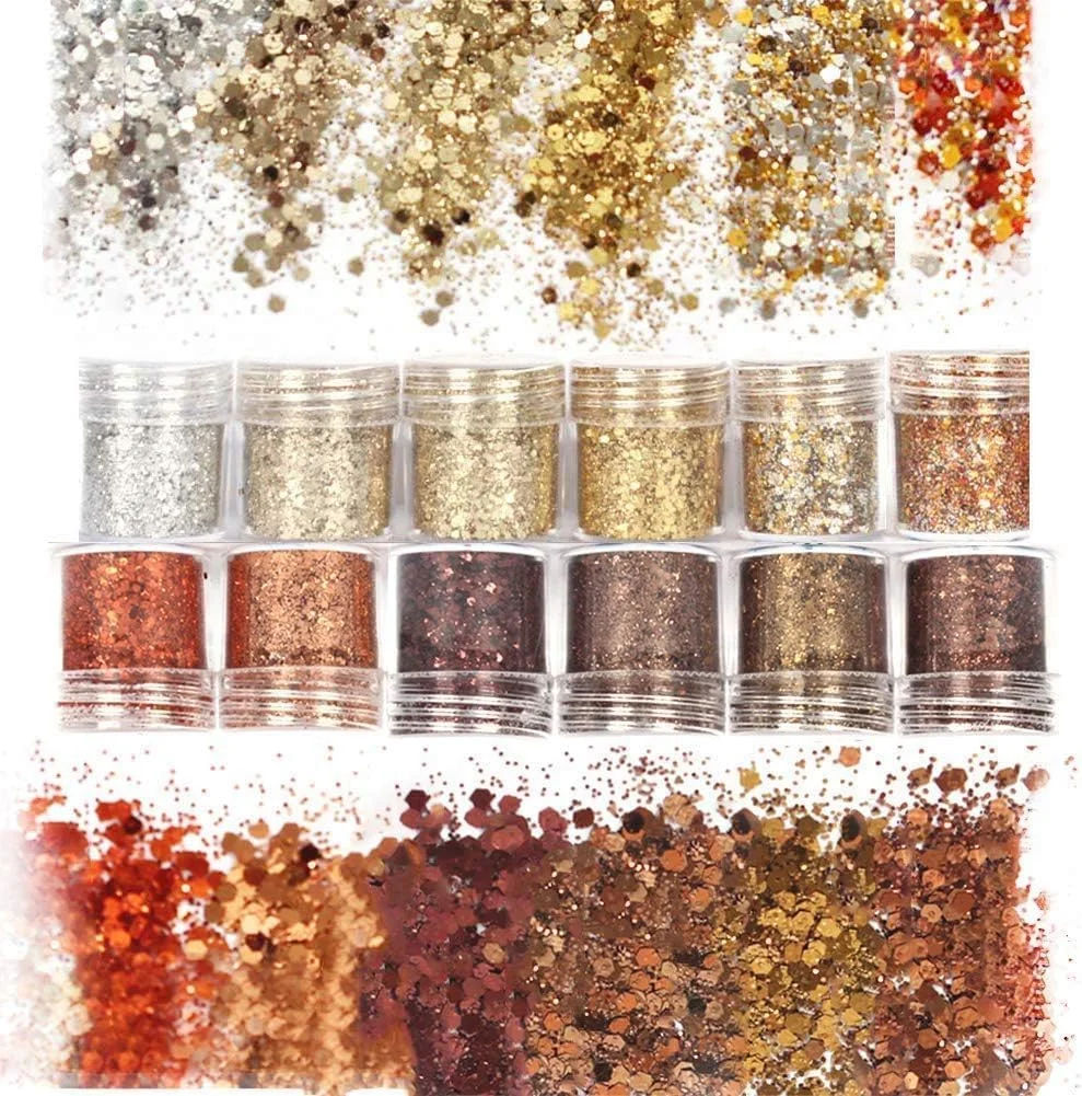 اکلیل ناخن، پودر اکریلیک هنر ناخن در 12 رنگ، پولک های مخلوط، نوک براق پولکی مسی یکپارچهسازی با سیستمعامل 120 گرمی برای لاک ژل، صورت، چشم، بدن، مو، جواهرات، رزین