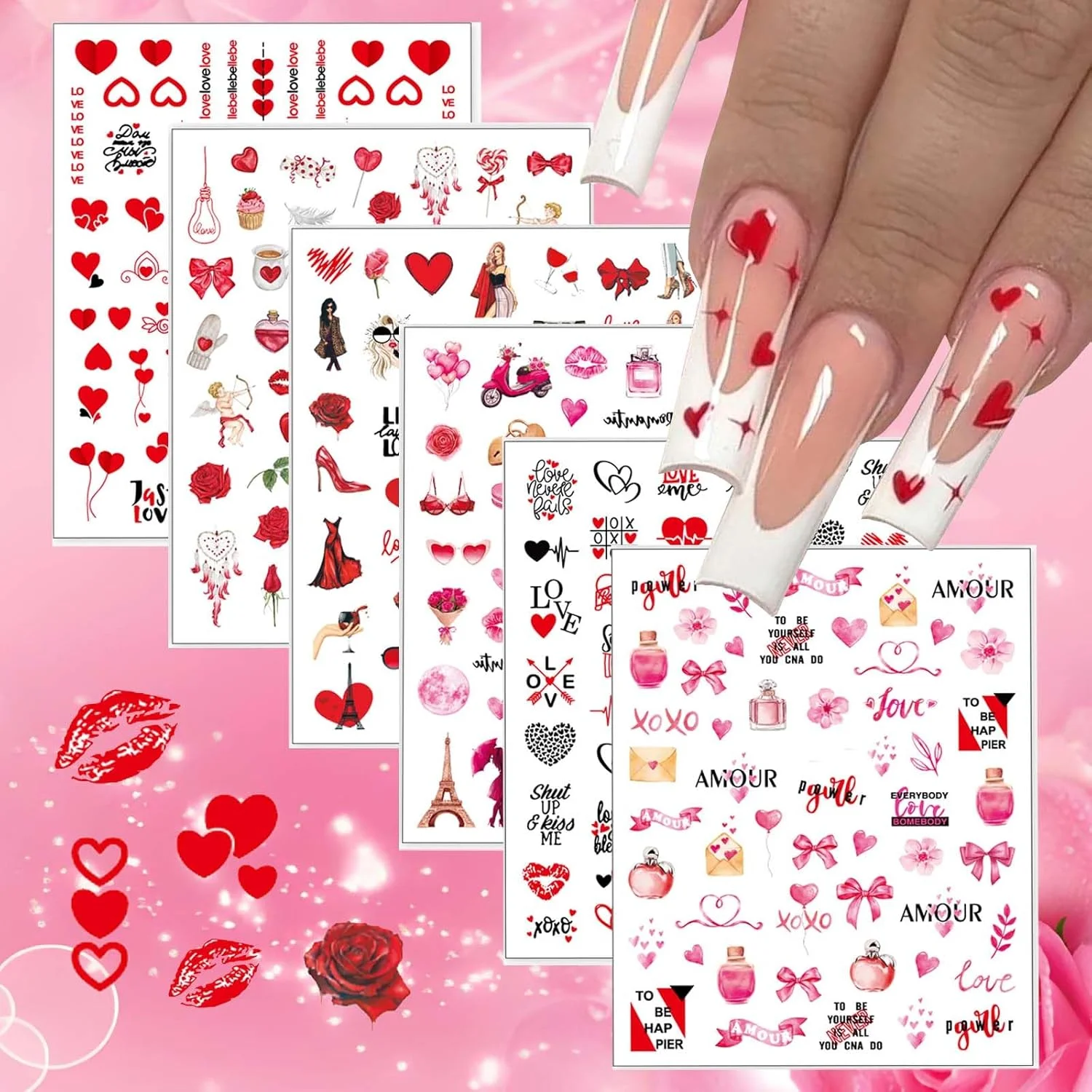 برچسب های هنری ناخن طرح قلب ولنتاین 6 عددی برای طراحی ناخن، برچسب ناخن طرح قلب، برچسب های خود چسب گل طرح قلب مناسب برای طراحی ناخن های اکریلیک و ژلیش بانوان و دختران