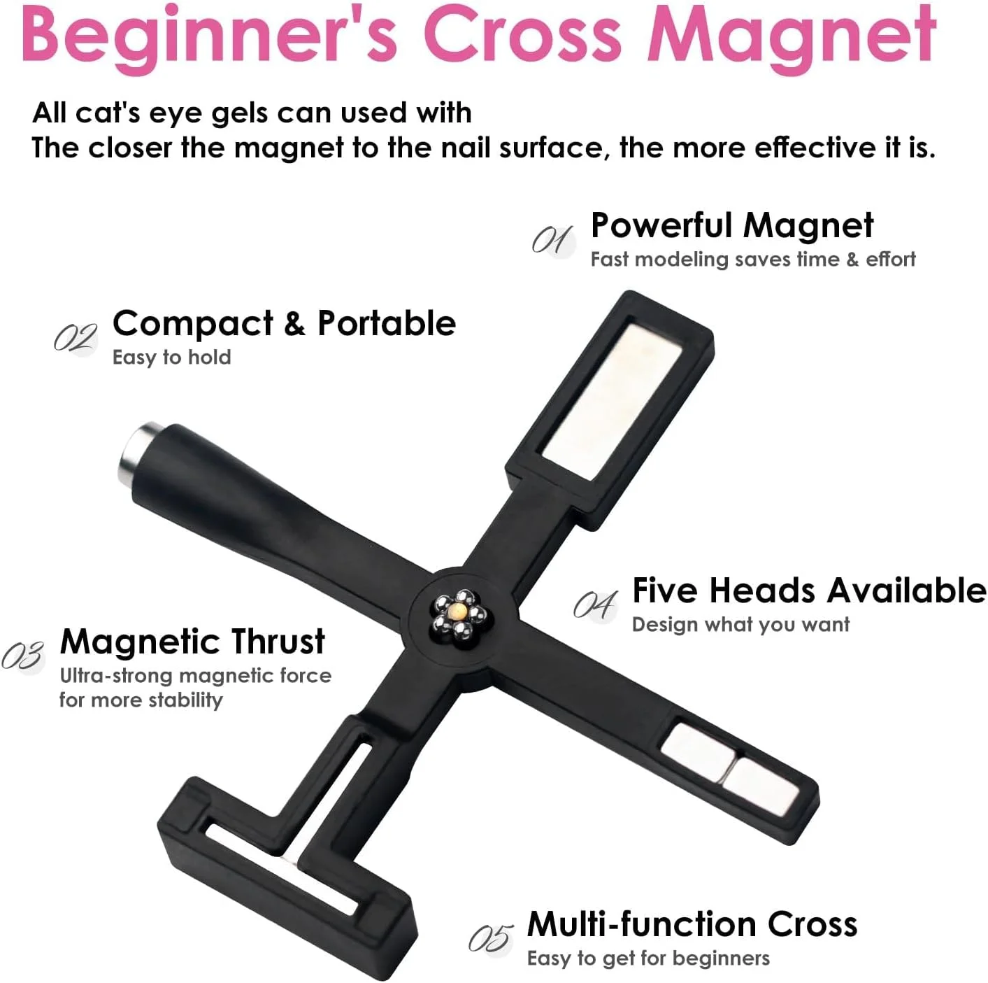 آهنربای ناخن ریان، ابزار مغناطیسی چشم گربه ای 5 در 1، چوب مغناطیسی چند منظوره لاک ژل ناخن، ابزار طراحی ناخن برای سالن، استودیو، مانیکور خانگی، هنر ناخن DIY (مشکی)