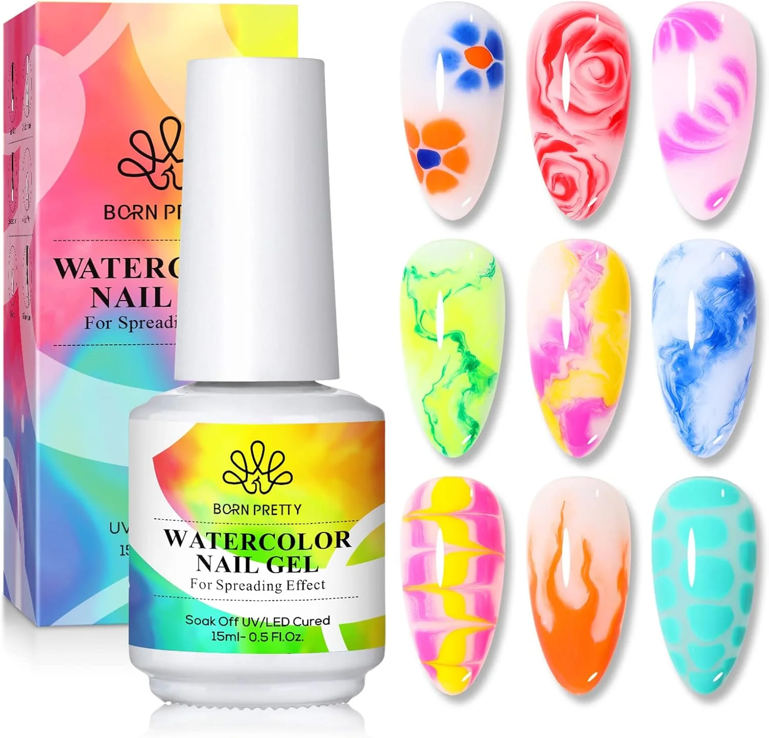 ژل شکوفه ناخن بورن پریتی، 15 میلی لیتر، ژل پولیش شکوفه دهنده شفاف برای ایجاد جلوه پخش شونده، طرح مرمر، سنگ طبیعی، آبرنگ، چاپ گل، طراحی DIY، مانیکور، هدیه روز ولنتاین