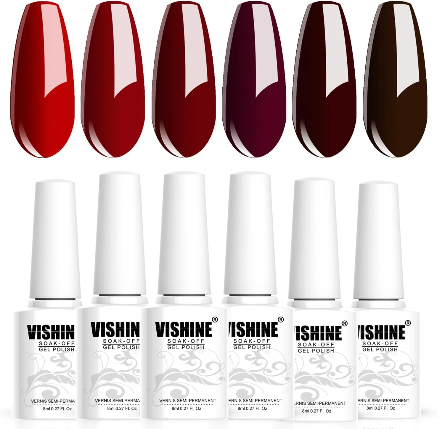 ویشاین، لاک ژل ناخن نیمه دائمی، سری قرمز تیره بورگاندی، لاک ژل یو وی ال ای دی برای طراحی ناخن، 6 عدد