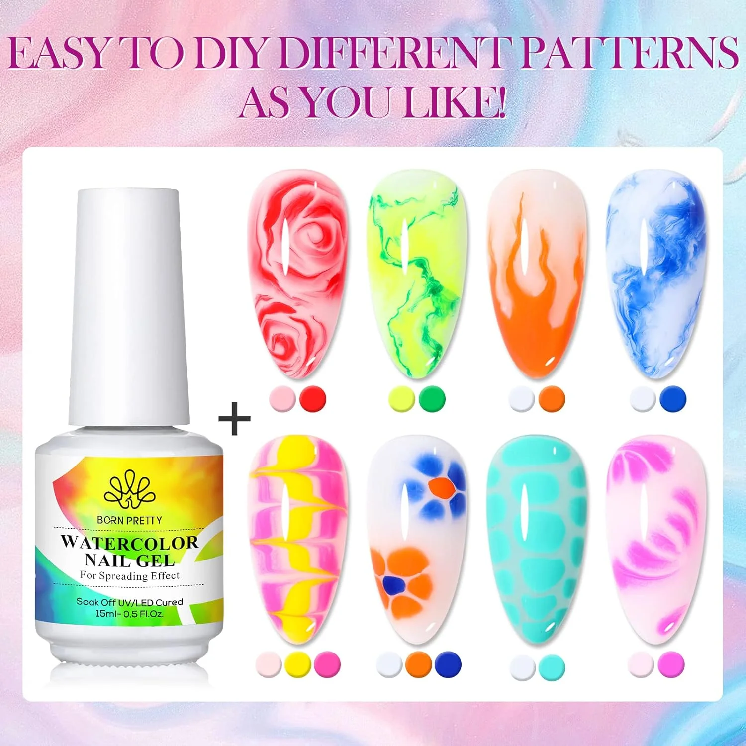 ژل شکوفه ناخن بورن پریتی، 15 میلی لیتر، ژل پولیش شکوفه دهنده شفاف برای ایجاد جلوه پخش شونده، طرح مرمر، سنگ طبیعی، آبرنگ، چاپ گل، طراحی DIY، مانیکور، هدیه روز ولنتاین