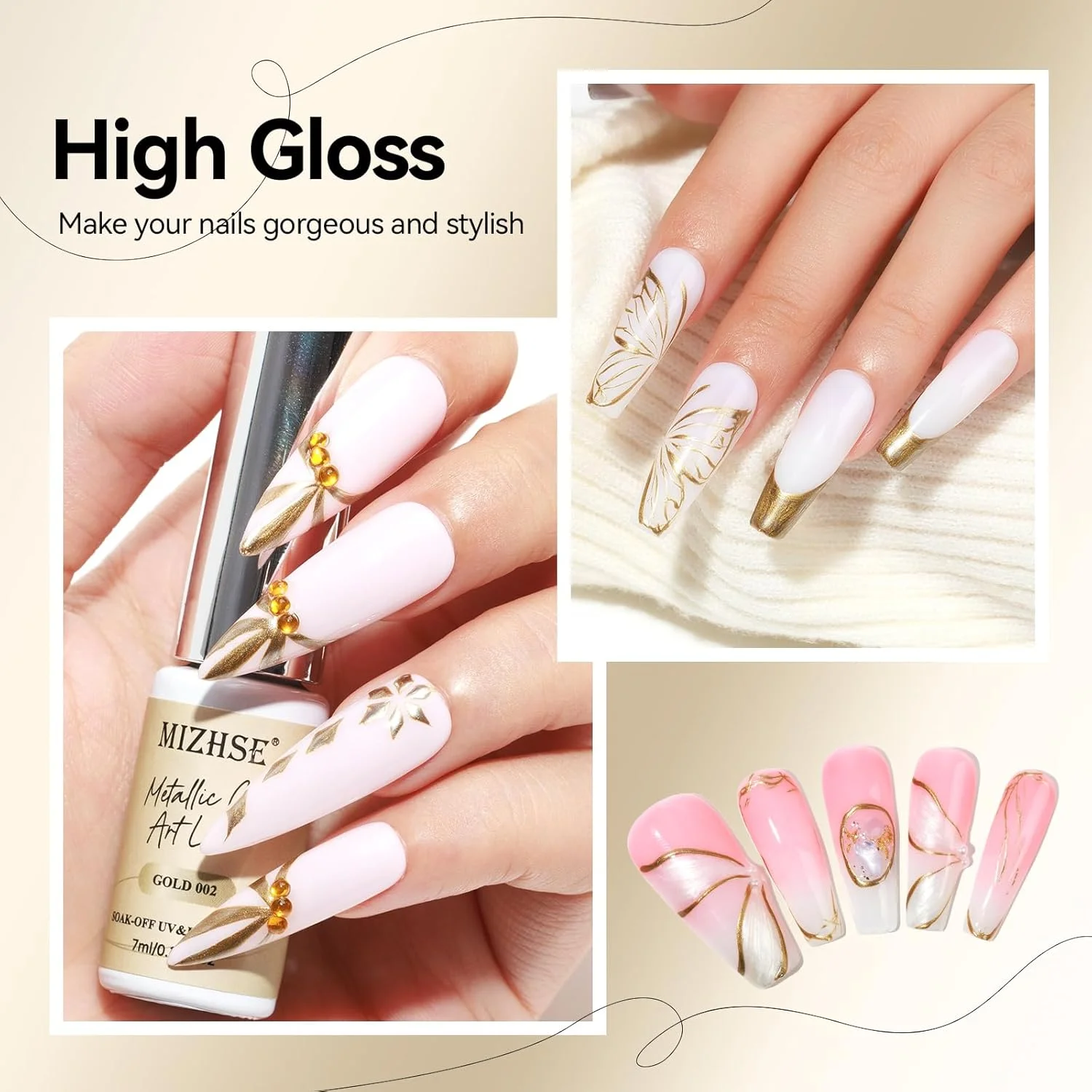 ژل متالیک طلایی میزشه برای طراحی ناخن، لاک ژل طلایی برای طراحی ناخن، لاک یو وی براق متالیک سه بعدی، 7 میلی لیتر برای طراحی، دیزاین ناخن، مانیکور، یک عدد