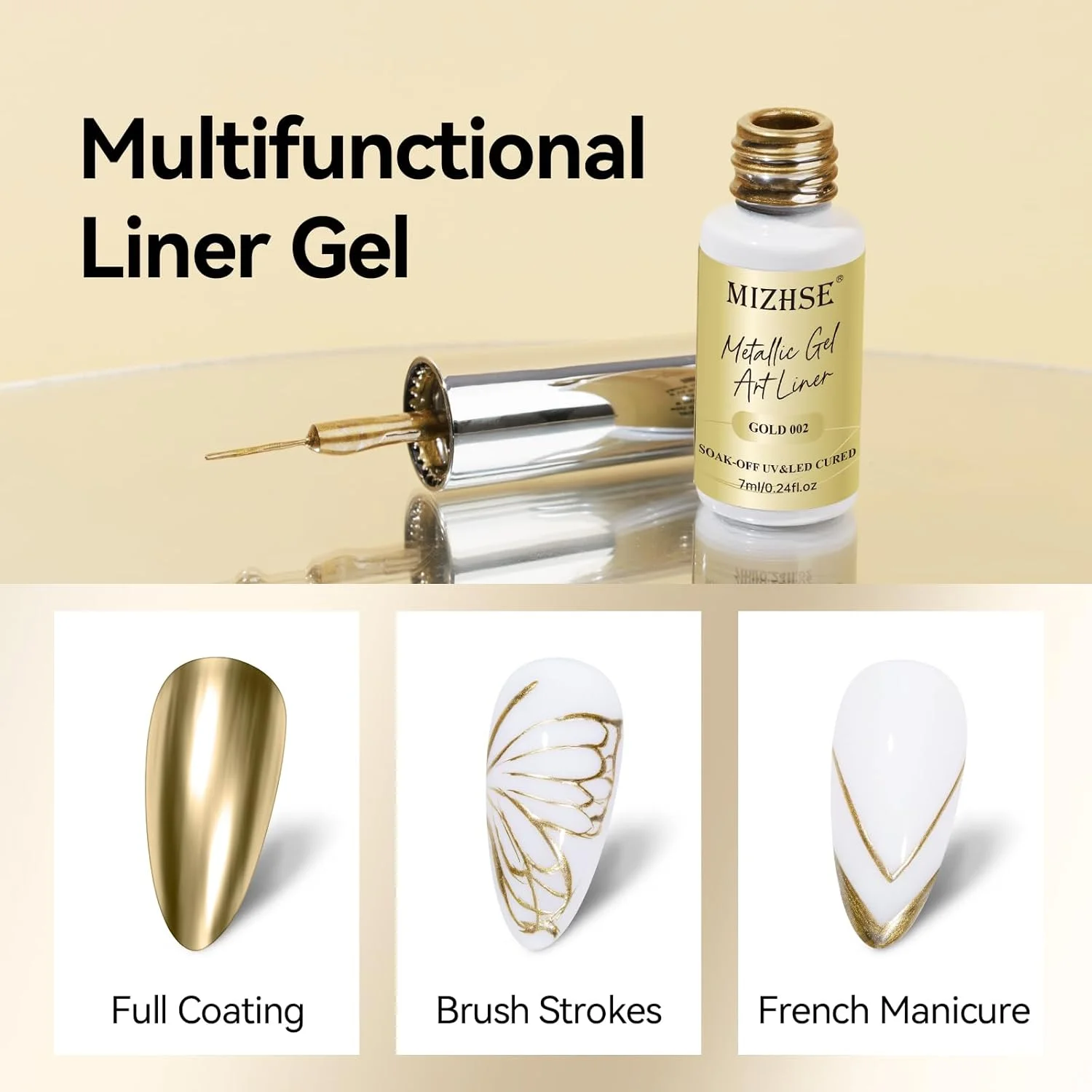 ژل متالیک طلایی میزشه برای طراحی ناخن، لاک ژل طلایی برای طراحی ناخن، لاک یو وی براق متالیک سه بعدی، 7 میلی لیتر برای طراحی، دیزاین ناخن، مانیکور، یک عدد