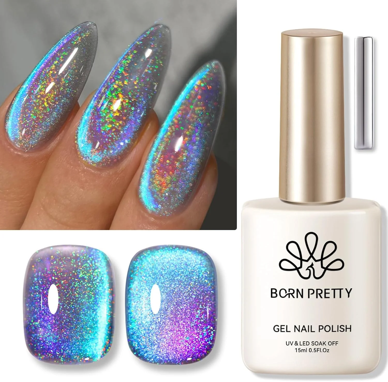لاک ژل ناخن چشم گربه ای 9D بورن پریتی، ژل پولیش رنگین کمانی هولوگرافیک، آبی بنفش، خیساندن U V LED، طراحی ناخن، مانیکور، سالن، DIY، خانگی، 15 میلی لیتر