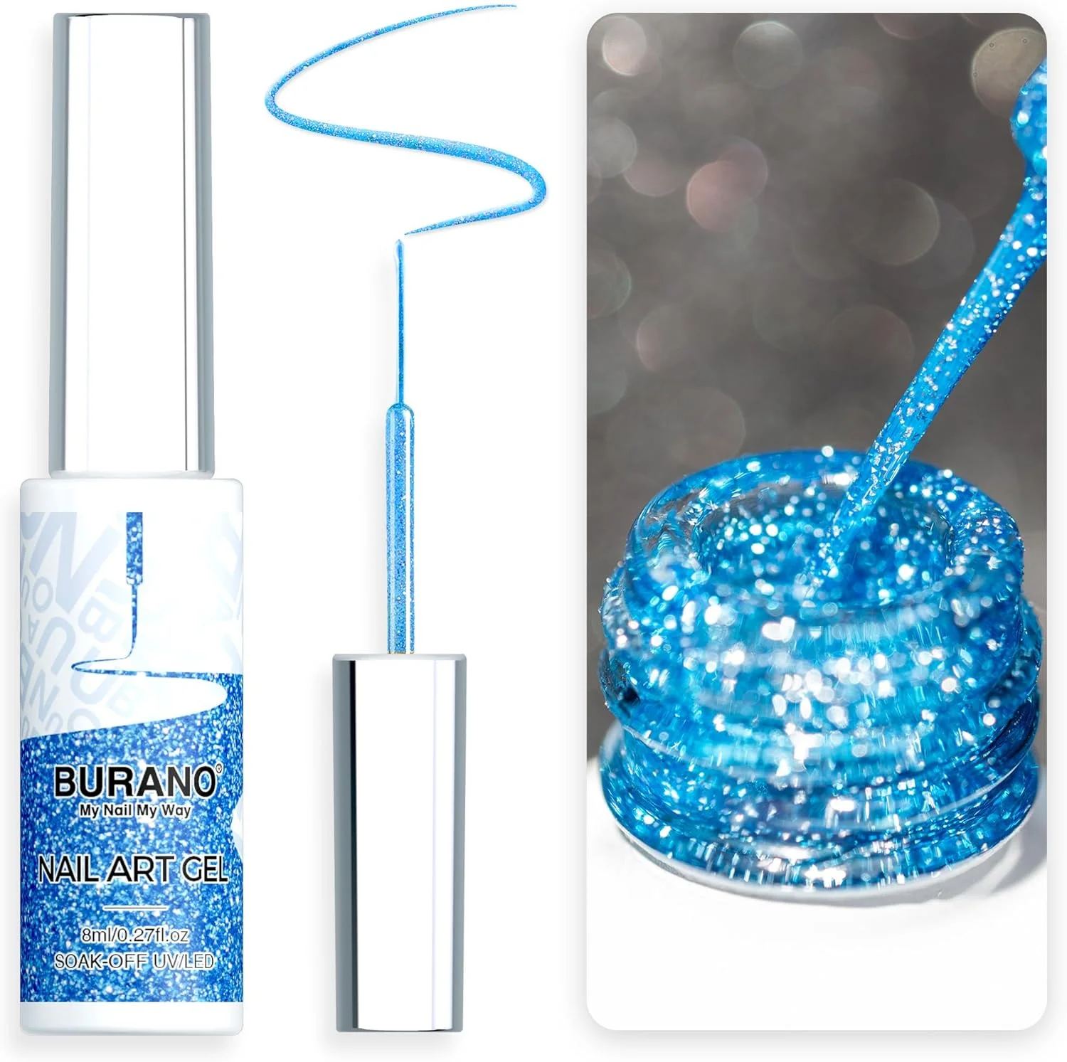 لاک ناخن ژلی بورانو، طراحی ناخن ژلی 8 میلی لیتری، لاک طراحی ناخن، لاک ناخن کروم متالیک هولوگرافیک، لاک ناخن ژلی فرانسوی (LX14)