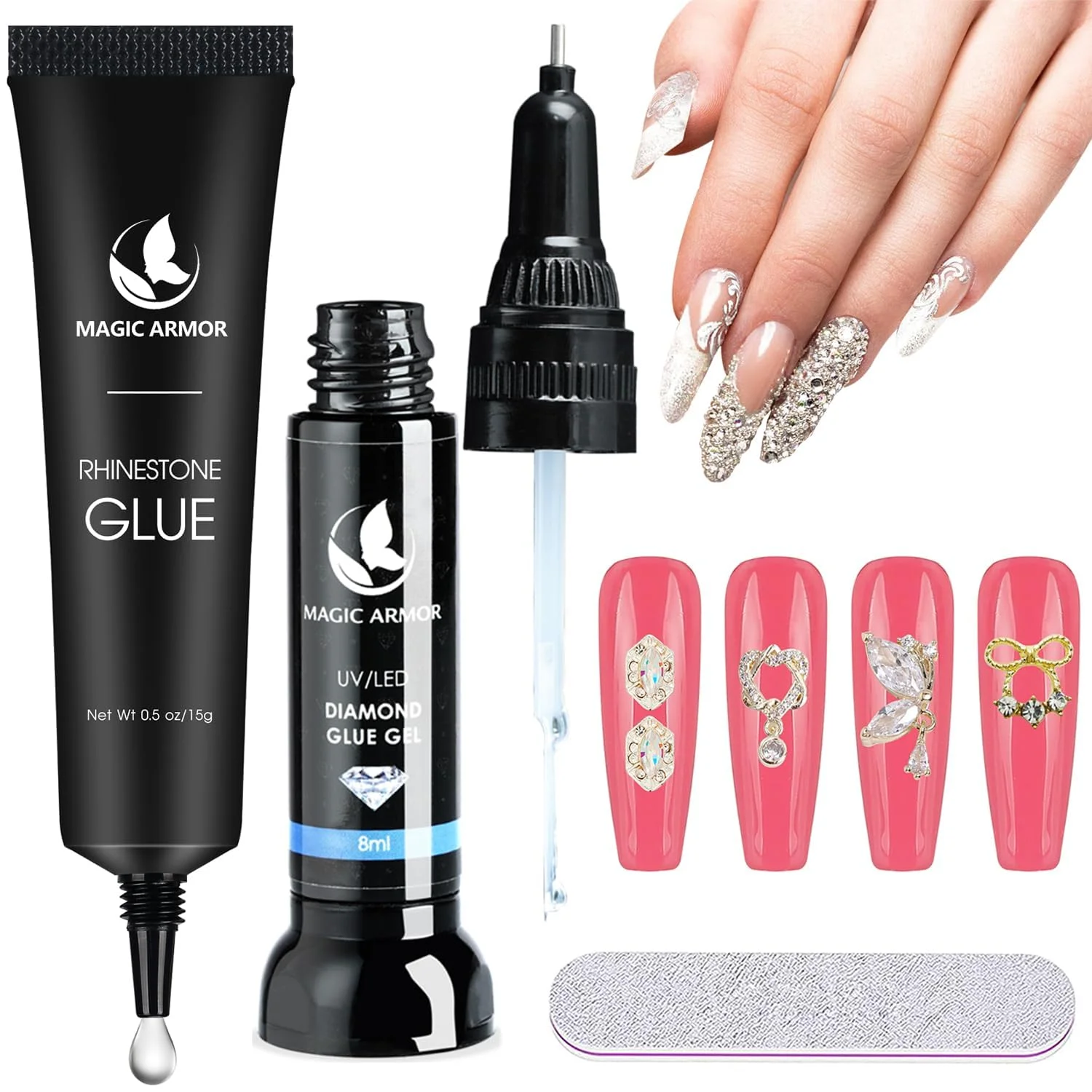ست چسب نگین ناخن MAGIC ARMOR، چسب ژل ناخن برای نگین های طراحی سه بعدی ناخن، چسب فوق العاده قوی نگین ناخن برای مهره های الماس و سنگ 15ml و 8ml، نیاز به خشک شدن با UV/LED