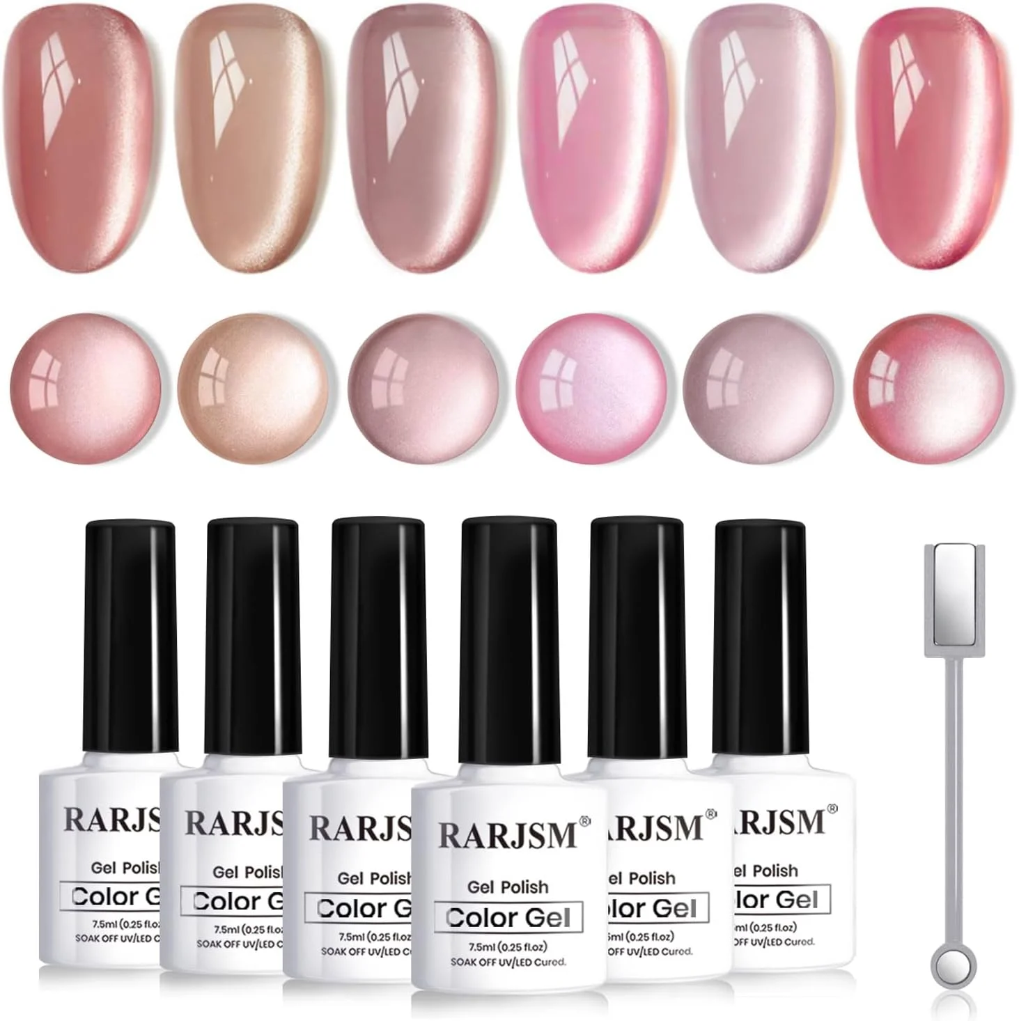 ست لاک ژل چشم گربه ای اکلیلی خنثی RARJSM، شامل 6 عدد لاک ژل سرامیکی صورتی، یاسی روشن، قهوه ای، مخملی، براق و اسموتی به همراه آهنربا، خشک شدن با دستگاه UV LED، مناسب طراحی ناخن در خانه و سالن