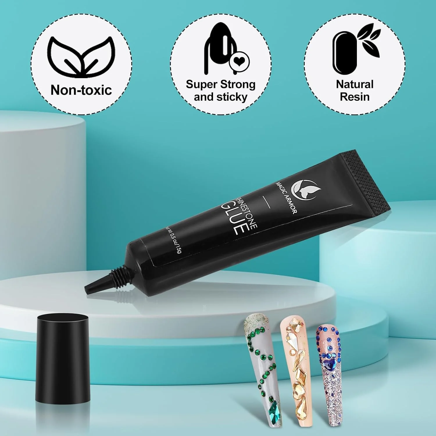 ست چسب نگین ناخن MAGIC ARMOR، چسب ژل ناخن برای نگین های طراحی سه بعدی ناخن، چسب فوق العاده قوی نگین ناخن برای مهره های الماس و سنگ 15ml و 8ml، نیاز به خشک شدن با UV/LED