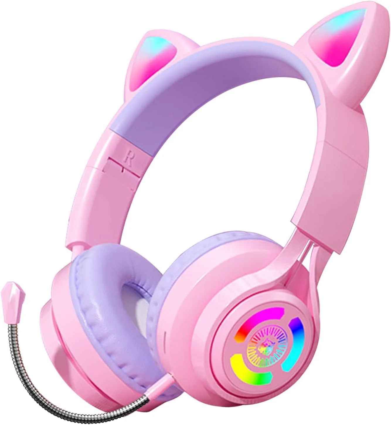 هدفون بی‌سیم بچگانه، بلوتوث 5.3 با طرح گوش گربه، هدست گیمینگ تاشو با میکروفون HD قابل اتصال، نور RGB LED، پشتیبانی از کارت TF، جک صوتی 3.5 میلی‌متری، صورتی