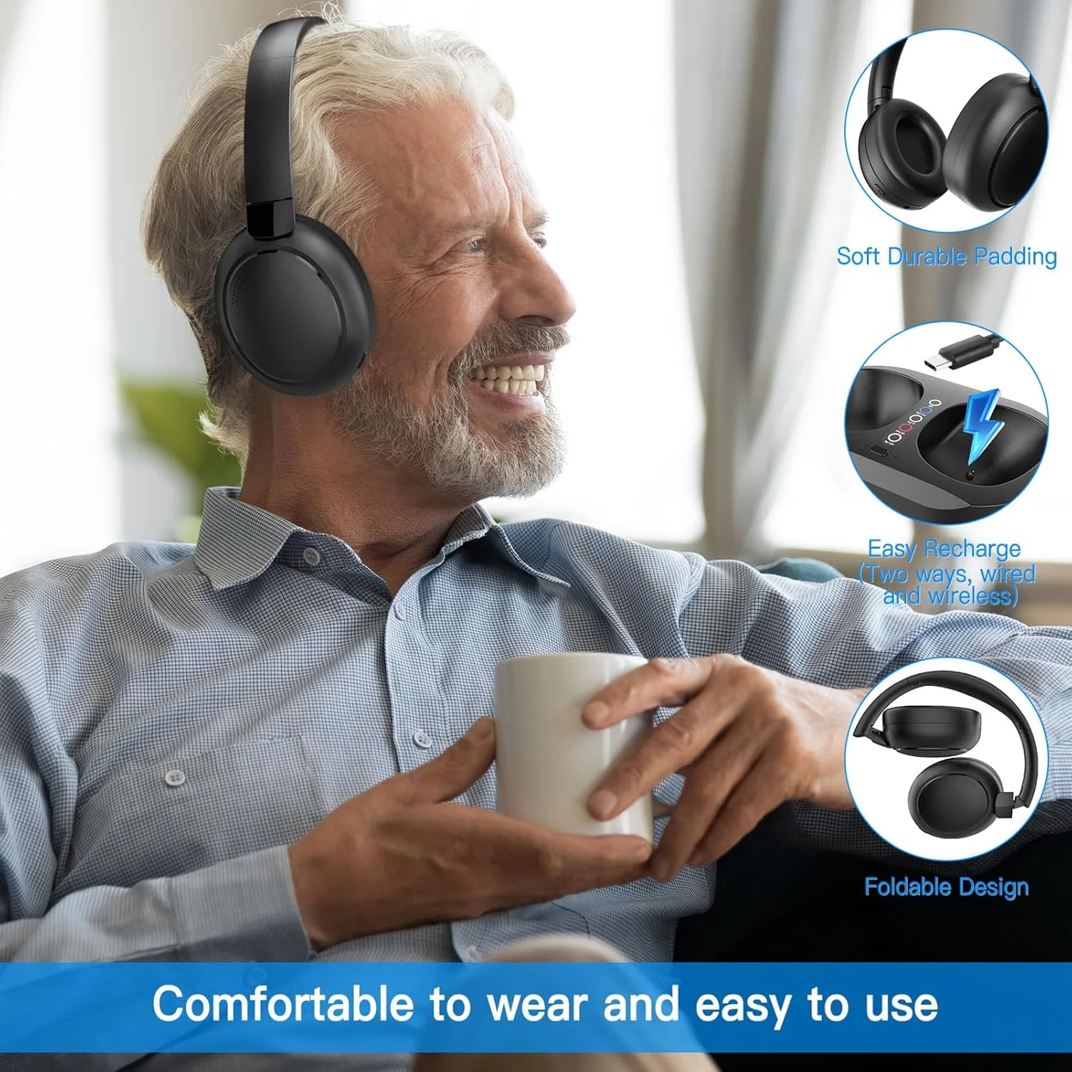 هدفون بی‌سیم برای تماشای تلویزیون، هدفون تلویزیون بی‌سیم 2.4G/بلوتوث 5.3 با درگاه اپتیکال/AUX 3.5 میلی‌متری و پایه شارژ، 50 ساعت پخش، بدون تاخیر، برای سالمندان و والدین (مشکی)