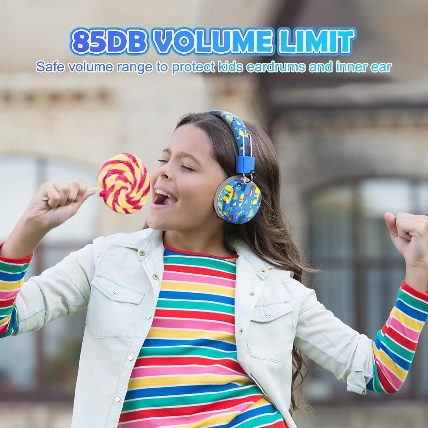 هدفون بی‌سیم کودکانه Azonee، طرح دایناسور آبی، بلوتوث با میکروفون، هدفون کودک نوپا برای سن 2 سال به بالا، سازگار با آیپد/تبلت فایر