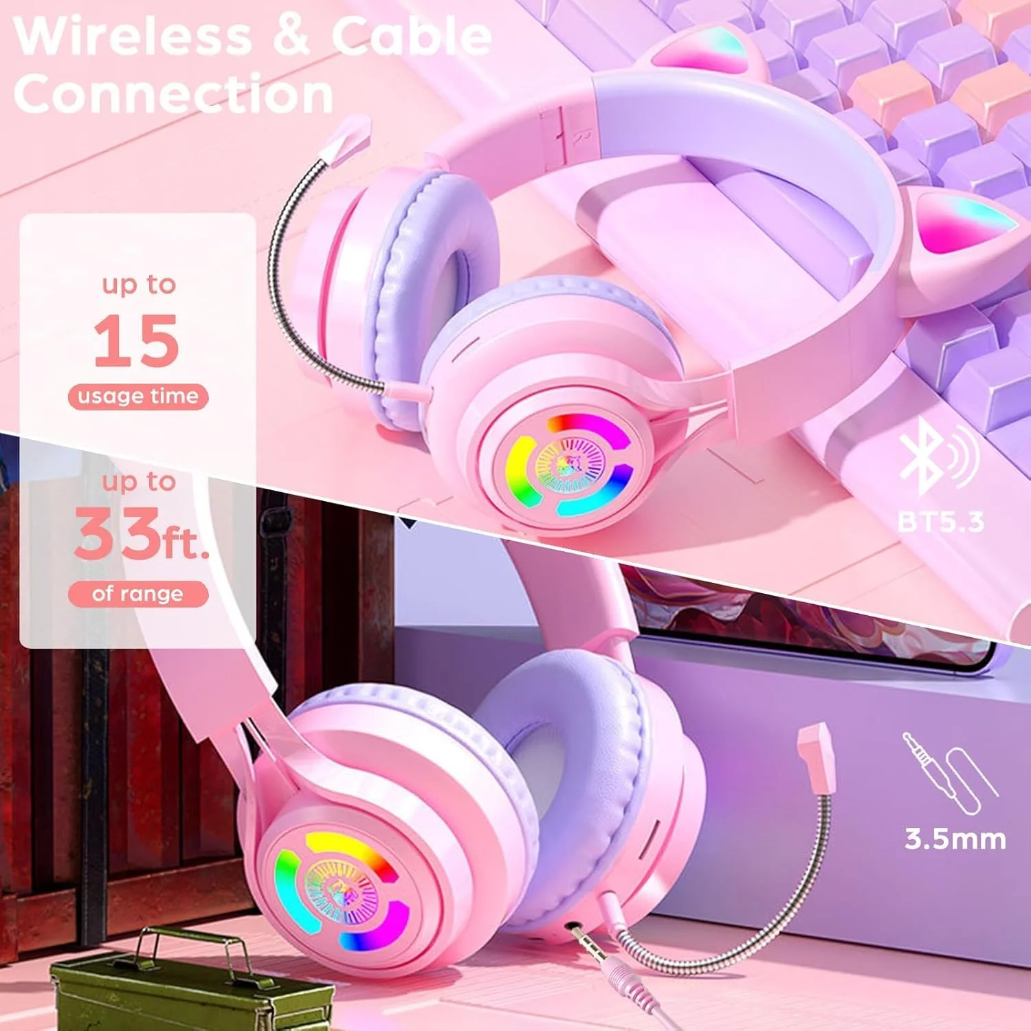 هدفون بی‌سیم بچگانه، بلوتوث 5.3 با طرح گوش گربه، هدست گیمینگ تاشو با میکروفون HD قابل اتصال، نور RGB LED، پشتیبانی از کارت TF، جک صوتی 3.5 میلی‌متری، صورتی