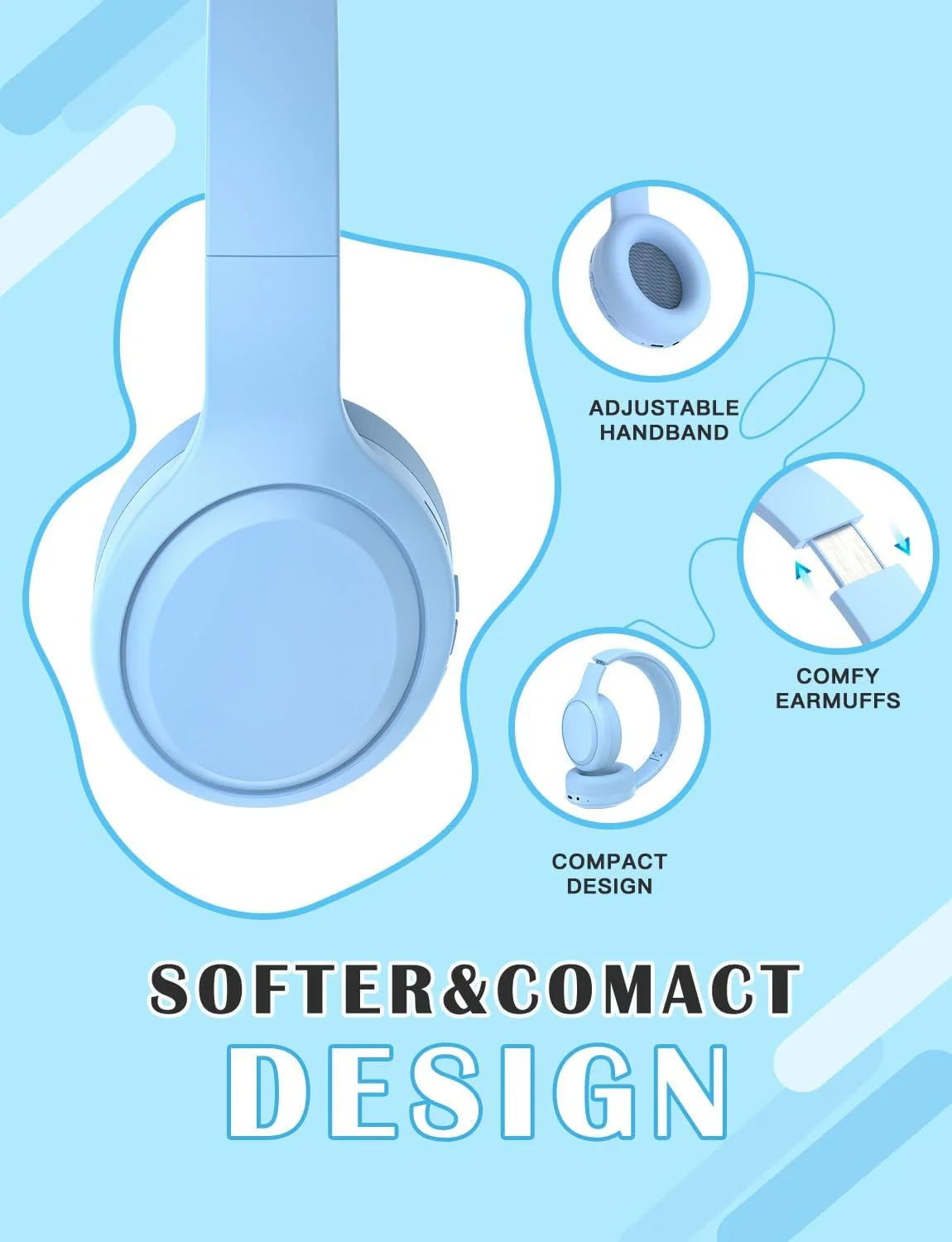 هدفون بلوتوثی کودکانه، هدفون بی سیم قابل حمل برای کودکان، بلوتوث 5.1، هدفون بلوتوثی با میکروفون، صدای استریو، هدفون تاشو روگوشی برای کودکان/مدرسه/آیپد/تبلت (آبی)