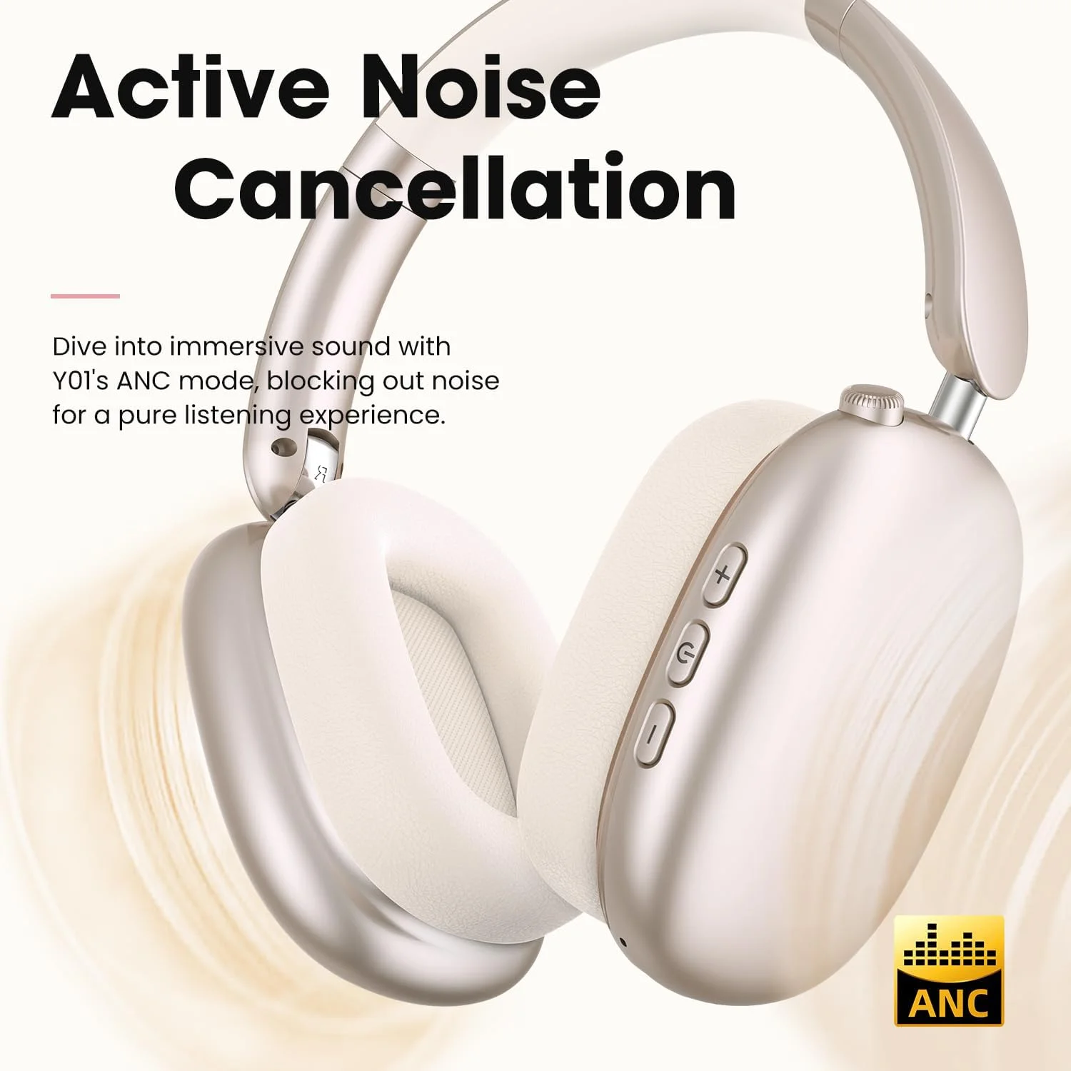 هدفون بی‌سیم روگوشی Wentronic Y01، هدفون بلوتوث 5.3 با قابلیت حذف نویز و میکروفون، صدای Hi-Res، 48 ساعت پخش، تاشو، پدهای گوشی نرم و تنفسی برای iOS/Android/Samsung/PC - Starlight