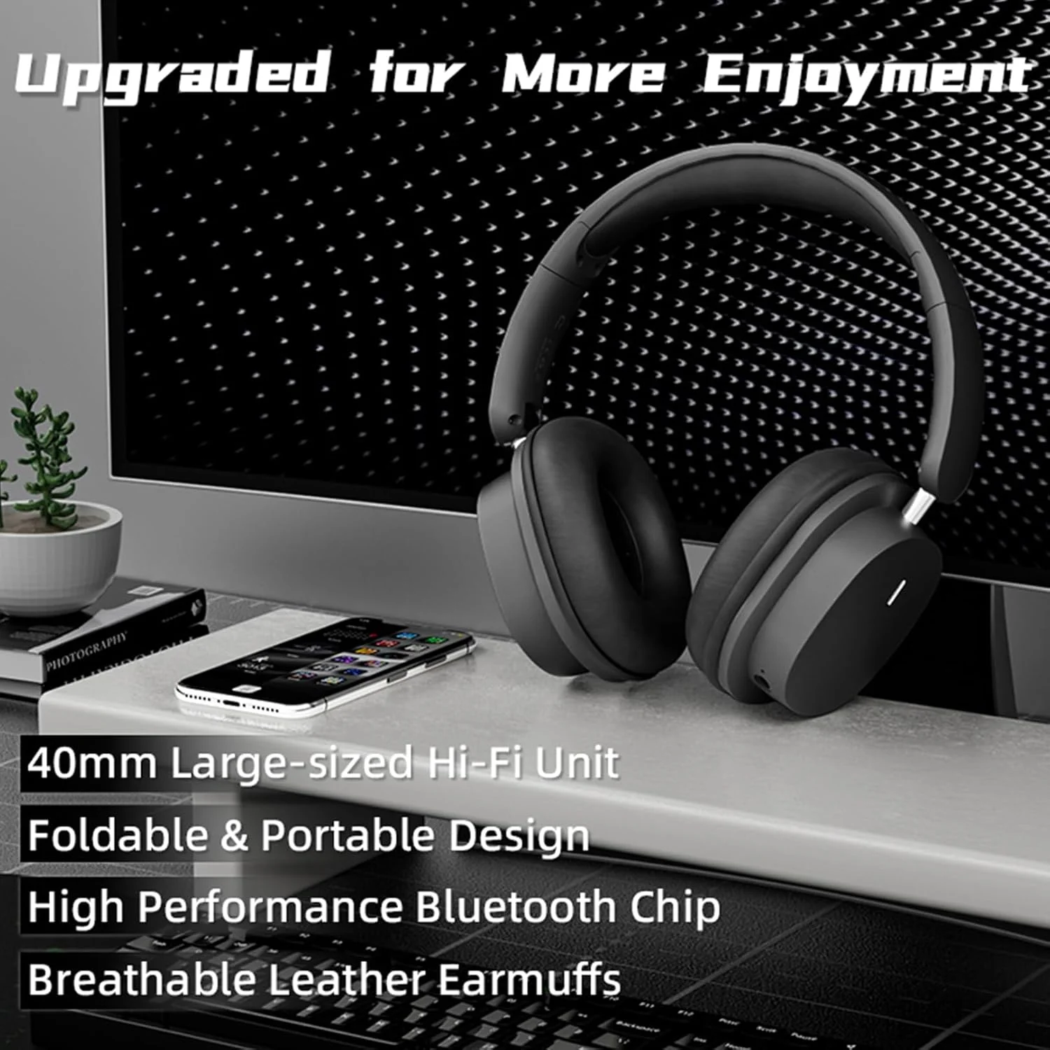 هدفون بلوتوثی رو گوشی HiFi استریو تاشو بی سیم با میکروفون حذف نویز برای خانه، دفتر کار و مسافرت (مشکی)