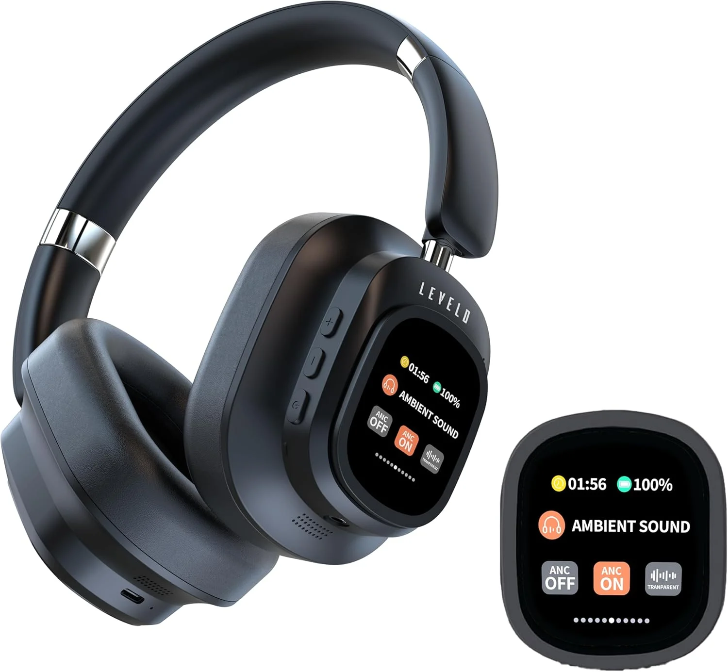هدفون Levelo VibeMaster Hybrid ANC، دارای 5 حالت EQ، زمان پخش 25 ساعت (ANC روشن)، زمان پخش 40 ساعت (ANC خاموش)، صفحه نمایش لمسی جداشدنی، طراحی تاشو، زمان شارژ هدست 2 ساعت / زمان شارژ صفحه نمایش 1.5 ساعت - مشکی