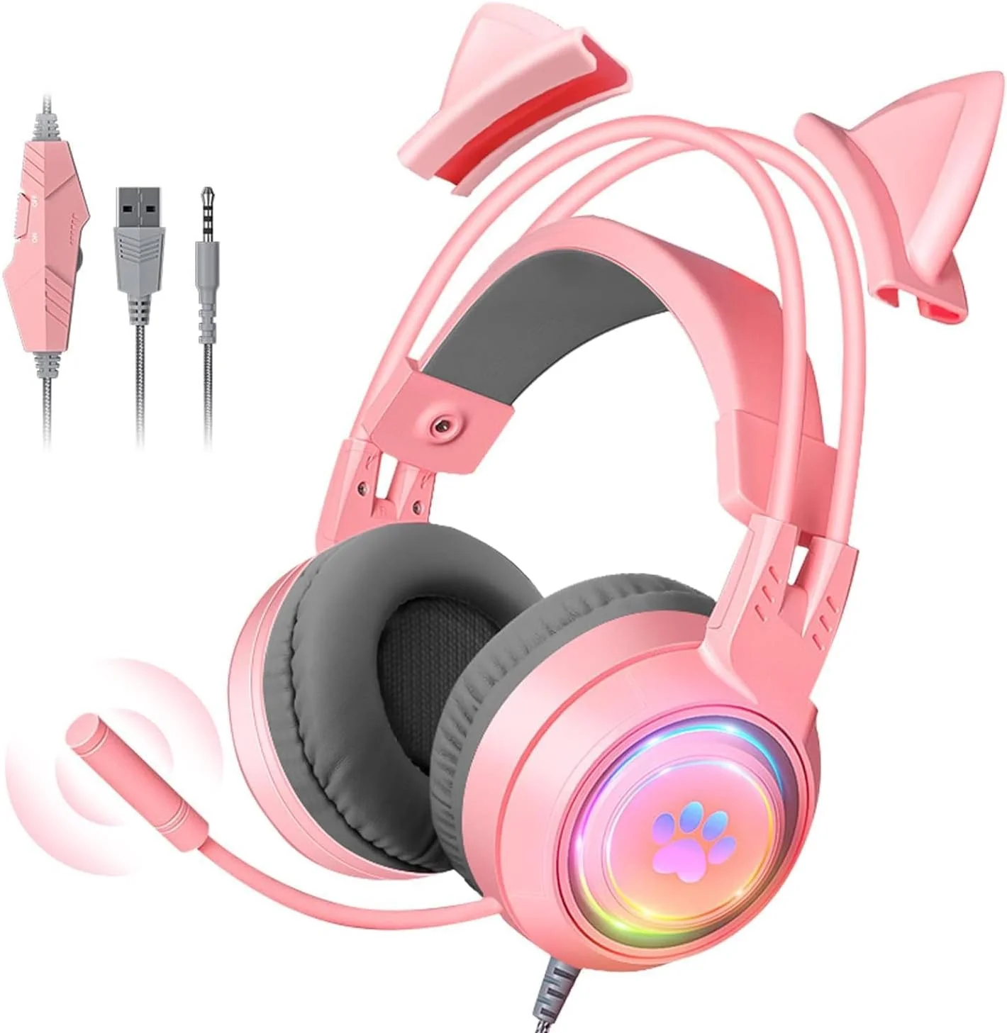 هدست گیمینگ با گوش گربه ای و نورهای RGB برای PC، PS4، PS5، Xbox، Nintendo، هدست گیمینگ سیمی با میکروفون، هدفون روگوشی با کنترل میکروفون درون خطی برای کودکان، دختران، زنان