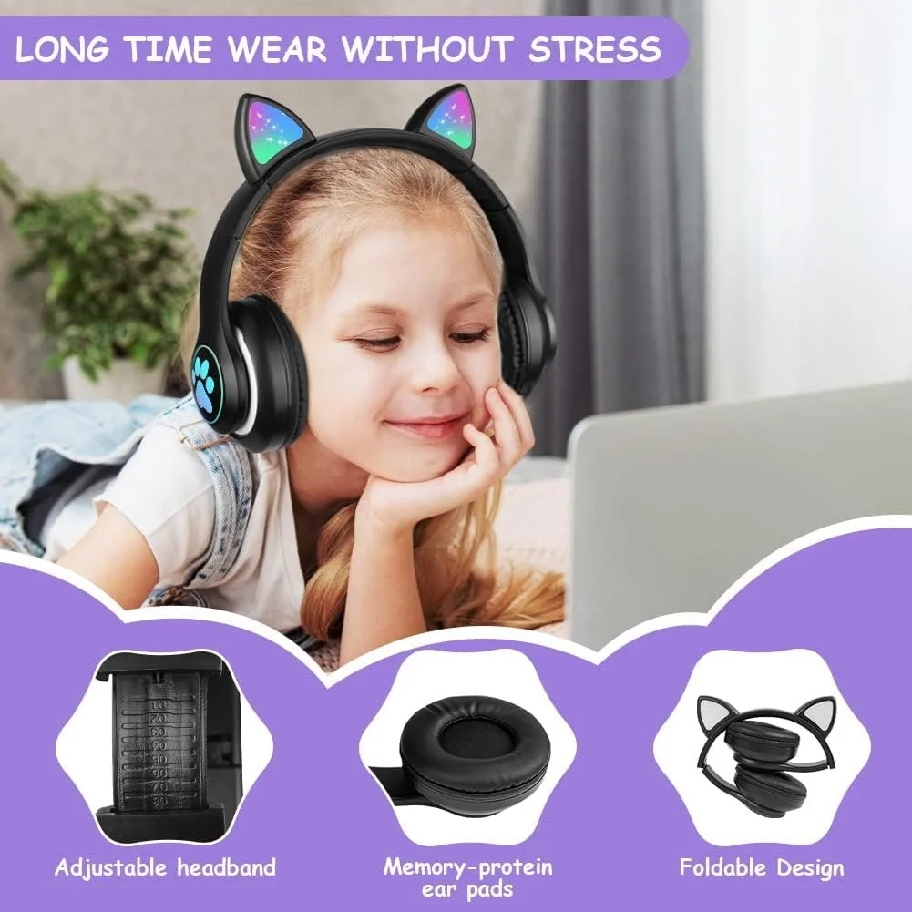 هدفون بلوتوثی طرح گوش گربه، هدفون بی سیم تاشو با چراغ LED، دارای میکروفون و چراغ LED، سازگار با تلفن های همراه، کامپیوتر و تبلت (مشکی) هدفون بلوتوثی طرح گوش گربه، هدفون بی سیم تاشو با چراغ LED، دارای میکروفون و چراغ LED، سازگار با تلفن های همراه، کامپیوتر و تبلت (مشکی)