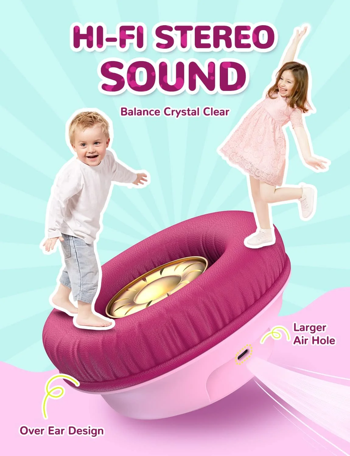 هدفون بی سیم کودکانه iClever با چراغ های LED مدل BTH18، صدای استریو، کابل Type-C، کابل AUX، بلوتوث 5.3، هدفون بلوتوثی روگوشی برای تبلت/مسافرت