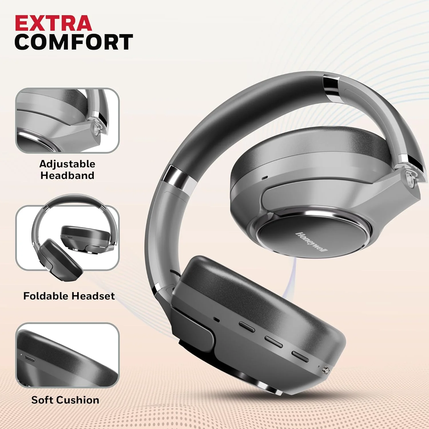 هدفون روگوشی بلوتوثی Honeywell Trueno U20 نسخه 5.4 با میکروفون، حذف نویز فعال هیبریدی، صدای فضایی و ردیابی سر، 70 ساعت پخش، صدای با کیفیت بالا، اتصال دوگانه، تأخیر کم 40 میلی‌ثانیه، کابل چهارتایی - نقره‌ای