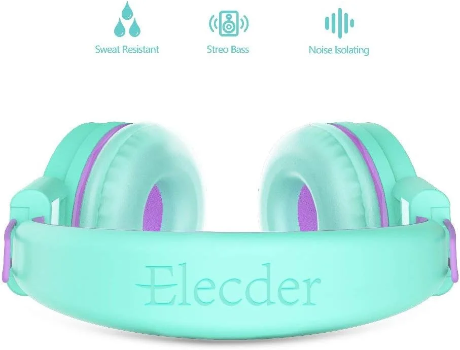 هدفون تاشو قابل تنظیم Elecder i37 برای کودکان، دختران، پسران و نوجوانان، سازگار با جک 3.5 میلی‌متری، مناسب برای آیپد، تلفن‌های همراه، کامپیوتر، MP3/4، کیندل، هواپیما، مدرسه و تبلت، بنفش/سبز