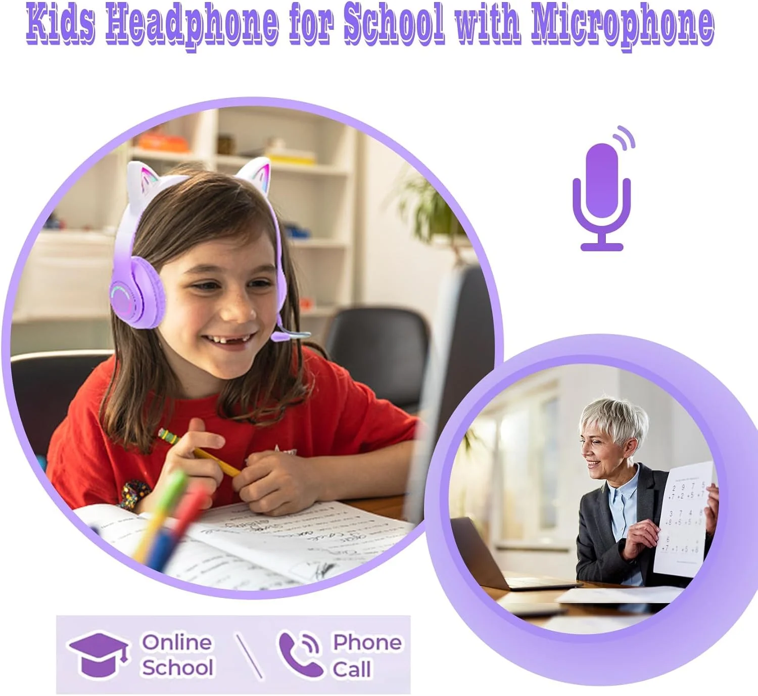 هدفون گوش گربه ای برای کودکان، هدفون کودکانه با میکروفون و چراغ گوش گربه ای، هدست بلوتوث بی سیم، هدفون حذف نویز برای کودکان، دختران نوجوان و بزرگسالان برای مدرسه، آموزش آنلاین و از راه دور