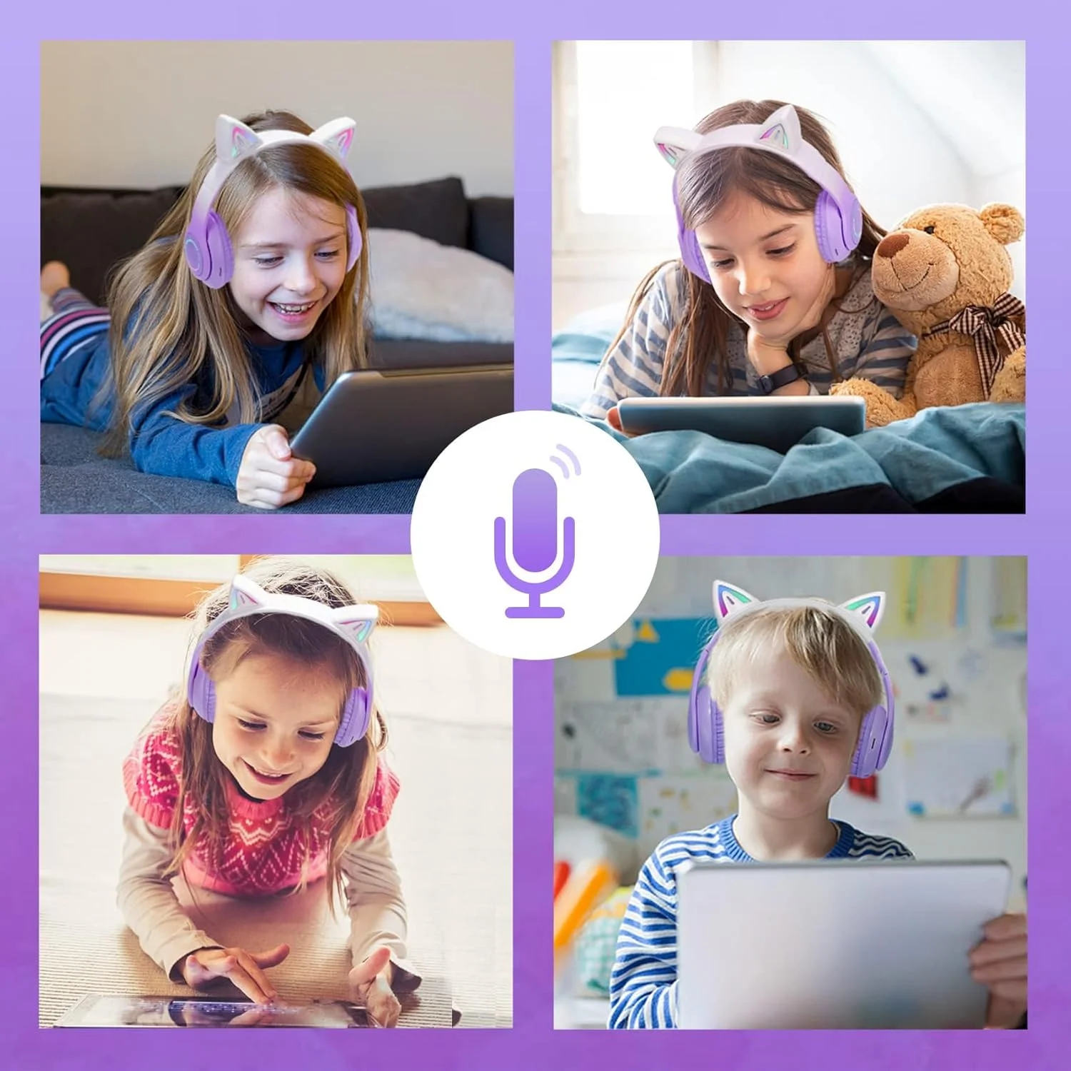 هدفون گوش گربه ای برای کودکان، هدفون کودکانه با میکروفون و چراغ گوش گربه ای، هدست بلوتوث بی سیم، هدفون حذف نویز برای کودکان، دختران نوجوان و بزرگسالان برای مدرسه، آموزش آنلاین و از راه دور