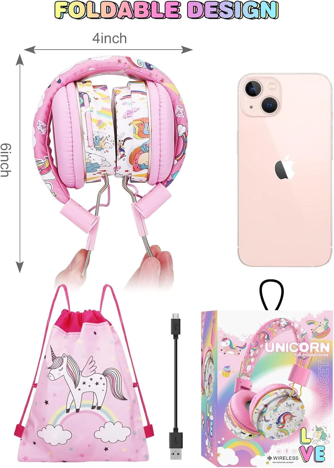 هدفون بی‌سیم تکشاخ برای کودکان، هدفون تکشاخ برای دختران، هدفون بلوتوثی کودکانه با میکروفون، هدفون قابل تنظیم روی گوشی برای کودکان بالای 2 سال، سازگار با آیپد/تبلت فایر