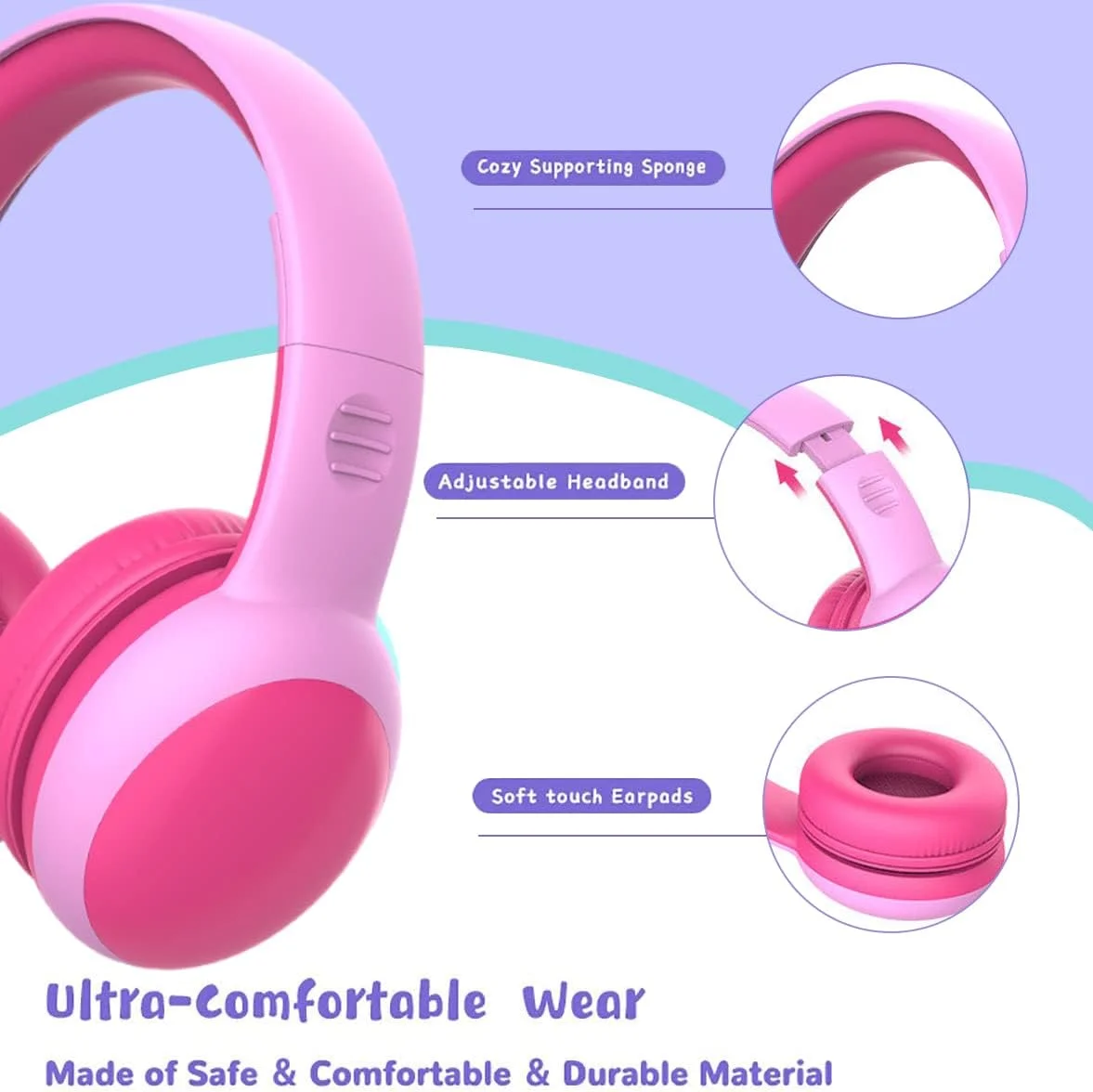 هدفون کودکانه با صدای محدود، هدفون روگوشی کودکانه، هدفون کودک نوپا برای پسران و دختران، هدفون سیمی برای کودکان (بنفش)