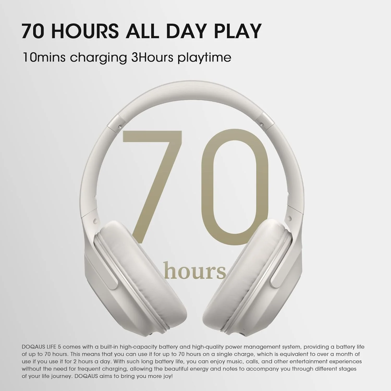 هدفون بی سیم DOQAUS، هدفون بلوتوثی با 3 حالت EQ، 70 ساعت پخش، هدفون بی سیم تاشو HiFi استریو، هدفون رو گوشی با دستیار صوتی، میکروفون داخلی برای تلفن/رایانه شخصی (خاکستری)