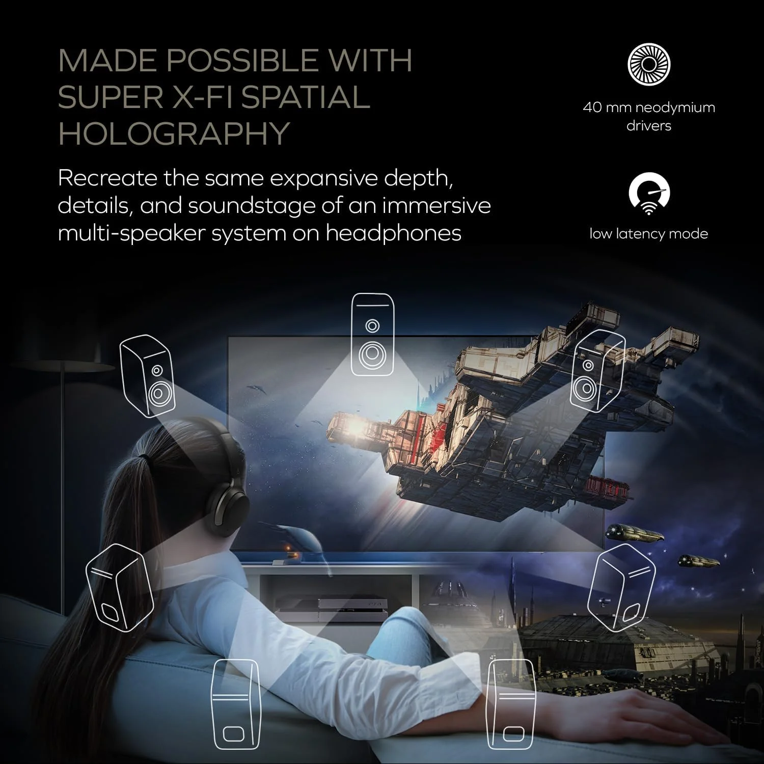 هدفون بی‌سیم دور گوشی Creative Zen Hybrid SXFI با فناوری Super X-Fi، حذف نویز فعال تطبیقی ​​هیبریدی، حالت Ambient، تا 70 ساعت (ANC خاموش)، حالت تأخیر کم (مشکی)