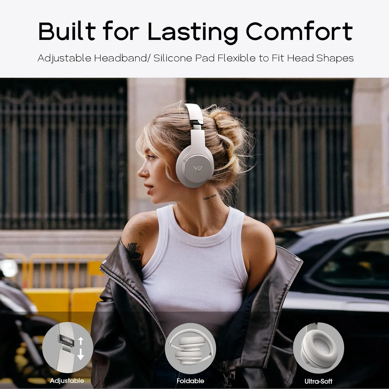 هدفون بلوتوثی DOQAUS با 3 حالت EQ، 90 ساعت پخش موسیقی، هدفون بی سیم نرم رو گوشی، هدفون اتصال چند نقطه ای، بلوتوث 5.3، حالت تاشو و سیمی برای تلفن/کامپیوتر - خاکستری یخی