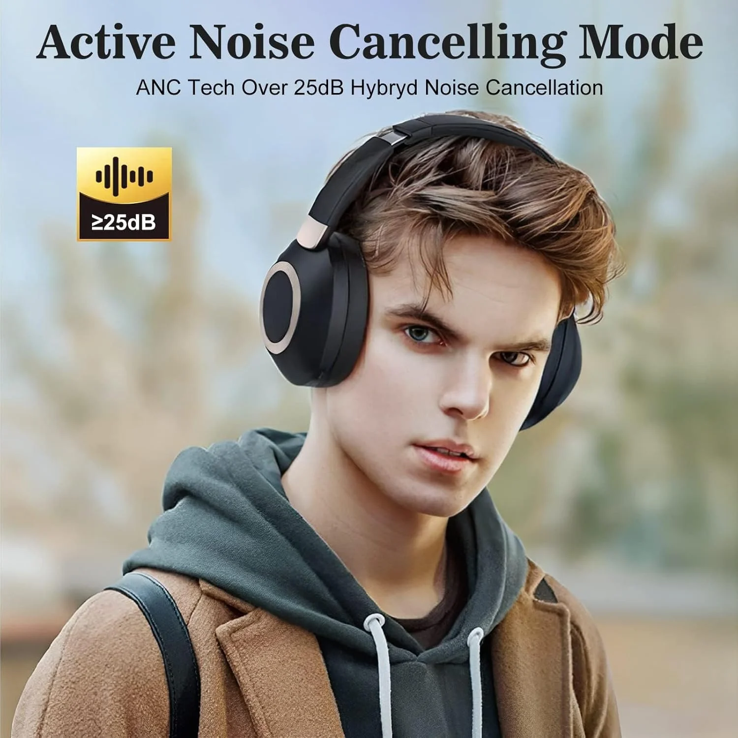 هدفون حذف نویز فعال، هدفون بی سیم، هدفون بلوتوث 5.3، 52 ساعت پخش، میکروفون CVC 8.0، کاهش نویز بیش از 25 دسی بل، صدای Hi-Fi، شارژ سریع USB-C، هدفون ANC برای تلویزیون، رایانه شخصی، تلفن