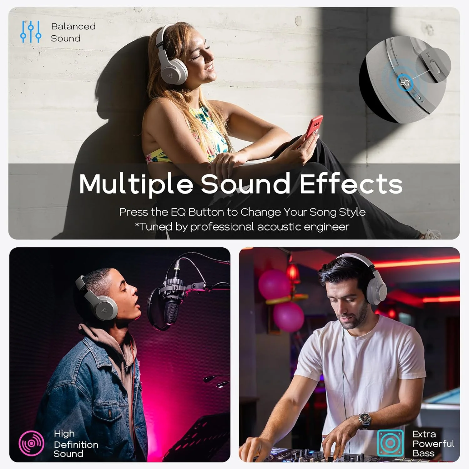 هدفون بلوتوثی DOQAUS با 3 حالت EQ، 90 ساعت پخش موسیقی، هدفون بی سیم نرم رو گوشی، هدفون اتصال چند نقطه ای، بلوتوث 5.3، حالت تاشو و سیمی برای تلفن/کامپیوتر - خاکستری یخی