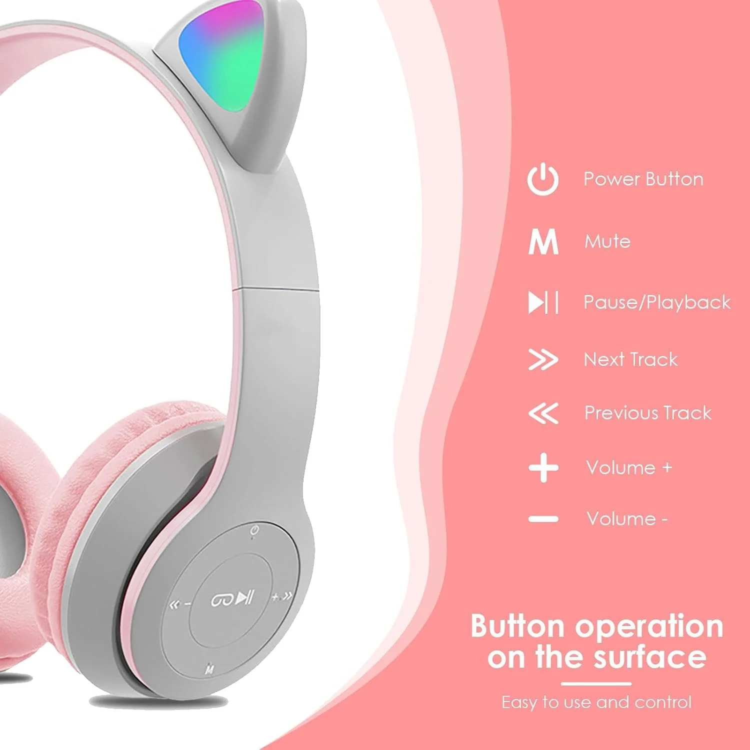 هدفون بلوتوثی بچه گانه با گوش های گربه ای LED، حالت بی سیم و با سیم، درایور 40 میلی متری، هدفون استریو تاشو روی گوشی با میکروفون، هدفون بلوتوث 5.0 دخترانه برای تلفن های هوشمند، کامپیوتر، آیپد، خاکستری صورتی