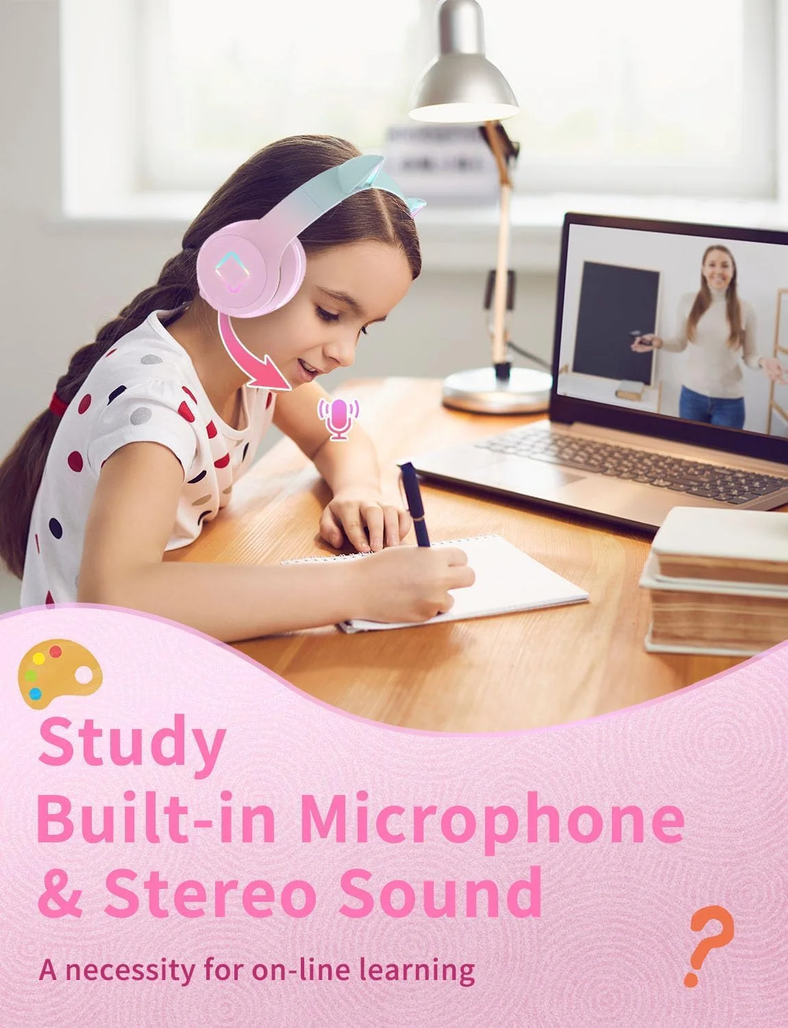 هدفون بلوتوثی بچه گانه با گوش های گربه ای LED، حالت بی سیم و با سیم، واحد درایور 40 میلی متری، هدفون استریو تاشو روی گوشی با میکروفون، هدفون بلوتوث 5.1 دخترانه برای تلفن های هوشمند، کامپیوتر، آیپد، صورتی