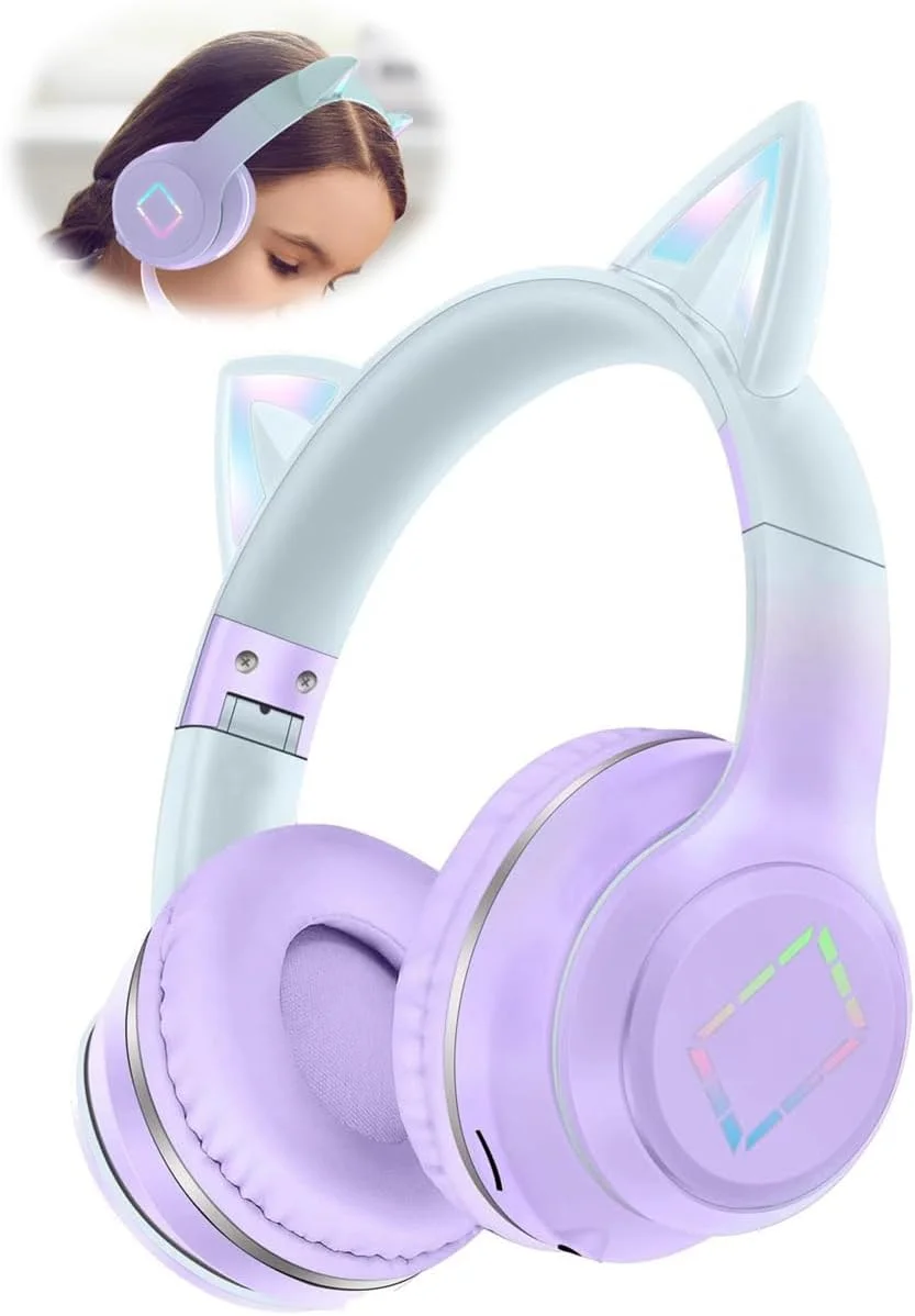 هدفون بلوتوثی کودکانه Azonee، هدفون بی سیم کودکانه با چراغ LED گوش گربه ای، تاشو و قابل تنظیم، کارت TF، هدست استریو دور گوشی برای پسران، دختران، بزرگسالان (بنفش)