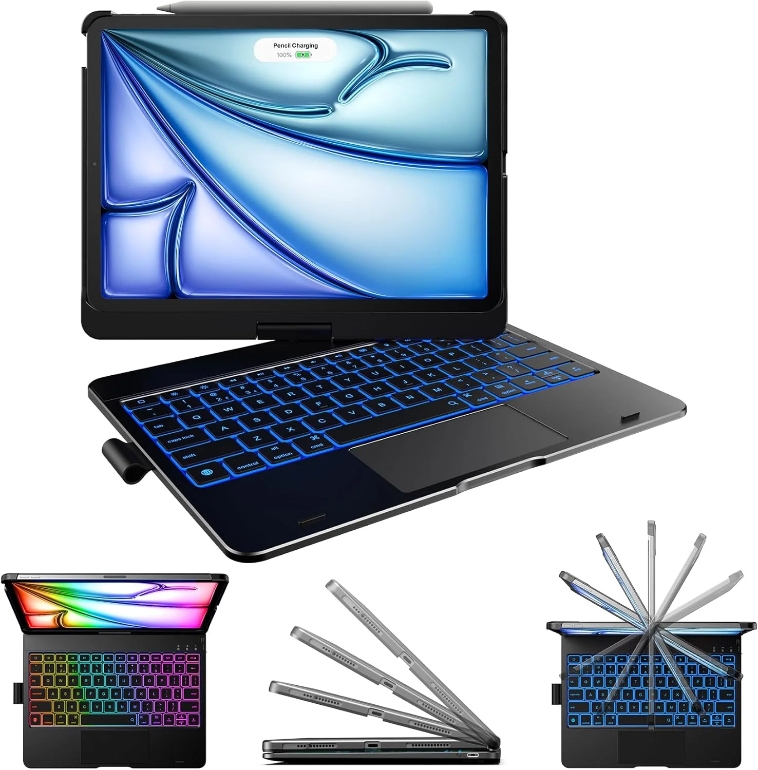 کیبورد لمسی تایپ‌کیس برای آیپد ایر ۱۱ اینچی (M3 2025 / M2 2024) و آیپد پرو ۱۱ (نسل 4/3/2/1): ترک‌پد چند لمسی و نور پس‌زمینه ۱۱ رنگ و چرخش ۳۶۰ درجه، باریک و سبک برای آیپد ایر نسل 5/4، مشکی