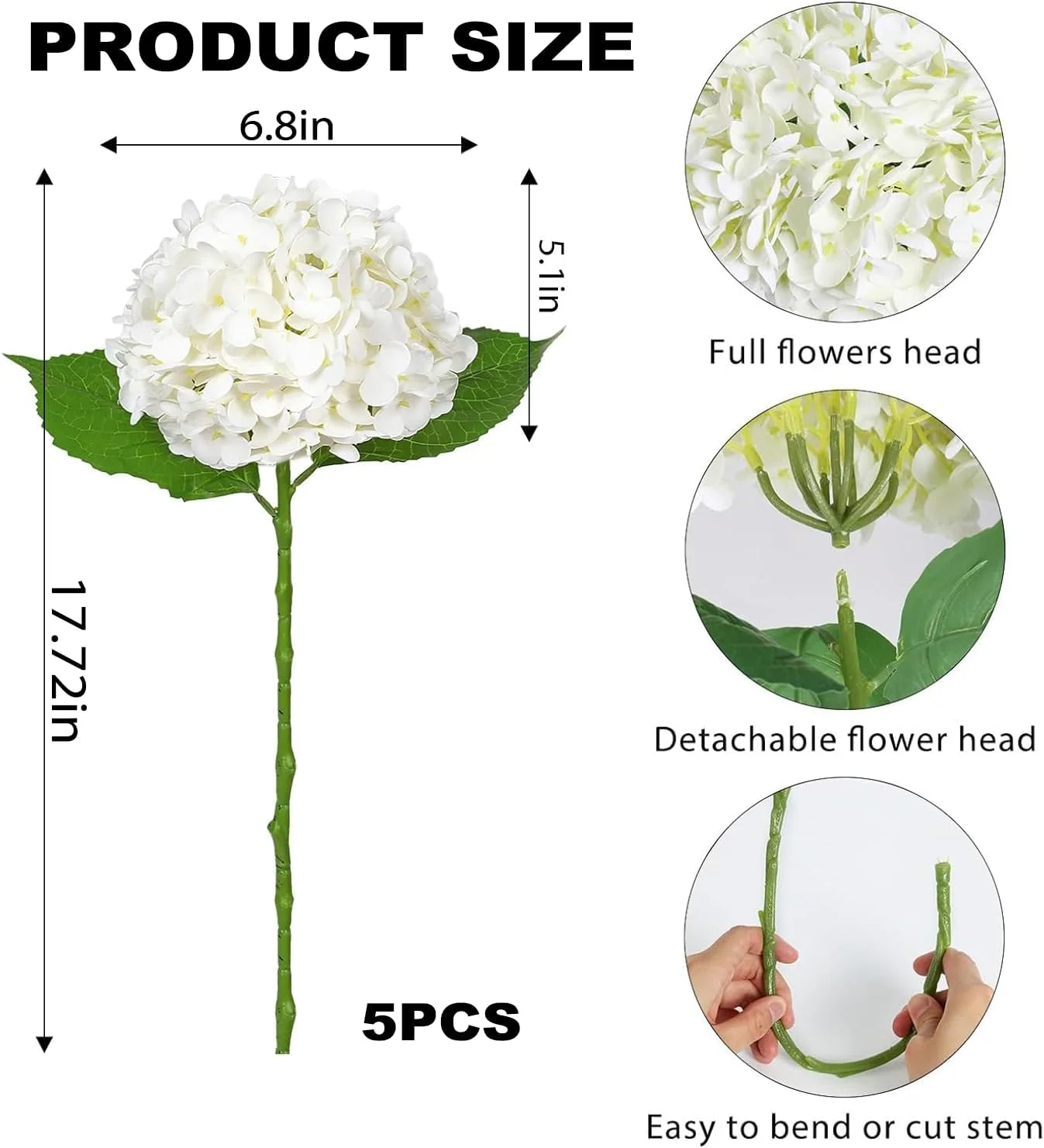 دسته گل 5 شاخه گل ادریسی مصنوعی ابریشمی، گل های ادریسی مصنوعی واقعی برای تزئین عروسی، مهمانی، خانه، دفتر، دکور اتاق خواب، پروژه های DIY (5، سفید)