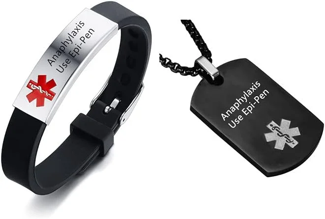 ست دستبند و گردنبند هشدار پزشکی ZKXXJ برای مردان و زنان، گردنبند آویز شناسایی پزشکی استیل ضد زنگ و دستبند سیلیکونی، جواهرات آگاهی از آلرژی برای نوجوانان و بزرگسالان، قابل تنظیم