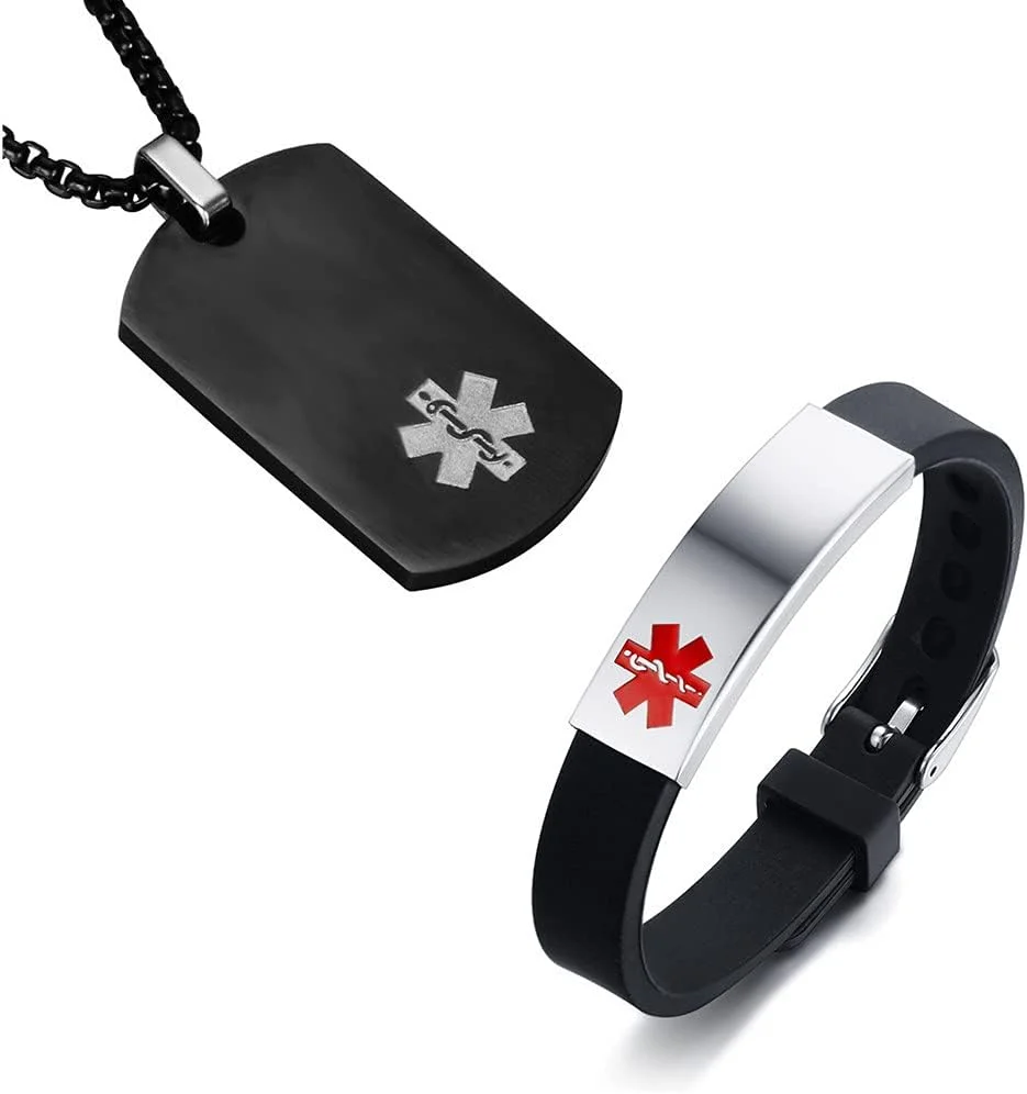ست دستبند و گردنبند هشدار پزشکی ZKXXJ برای مردان و زنان، گردنبند آویز شناسایی پزشکی استیل ضد زنگ و دستبند سیلیکونی، جواهرات آگاهی از آلرژی برای نوجوانان و بزرگسالان، قابل تنظیم