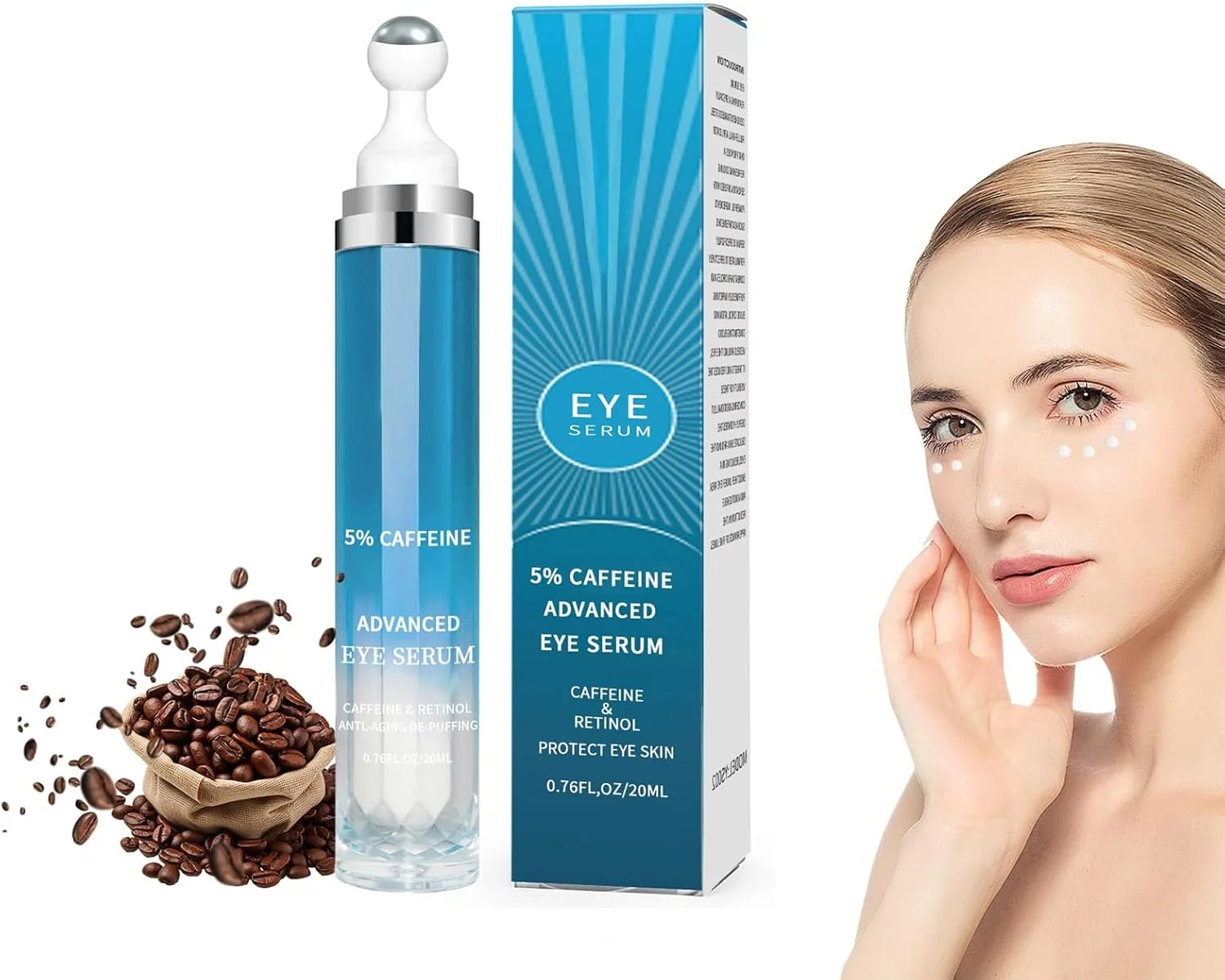 کرم دور چشم ضد پیری، کرم زیر چشم با 5% کافئین و رتینول، سرم دور چشم کافئین با غلتک ماساژ 360 درجه برای پف، سیاهی دور چشم، چین و چروک و خطوط ریز