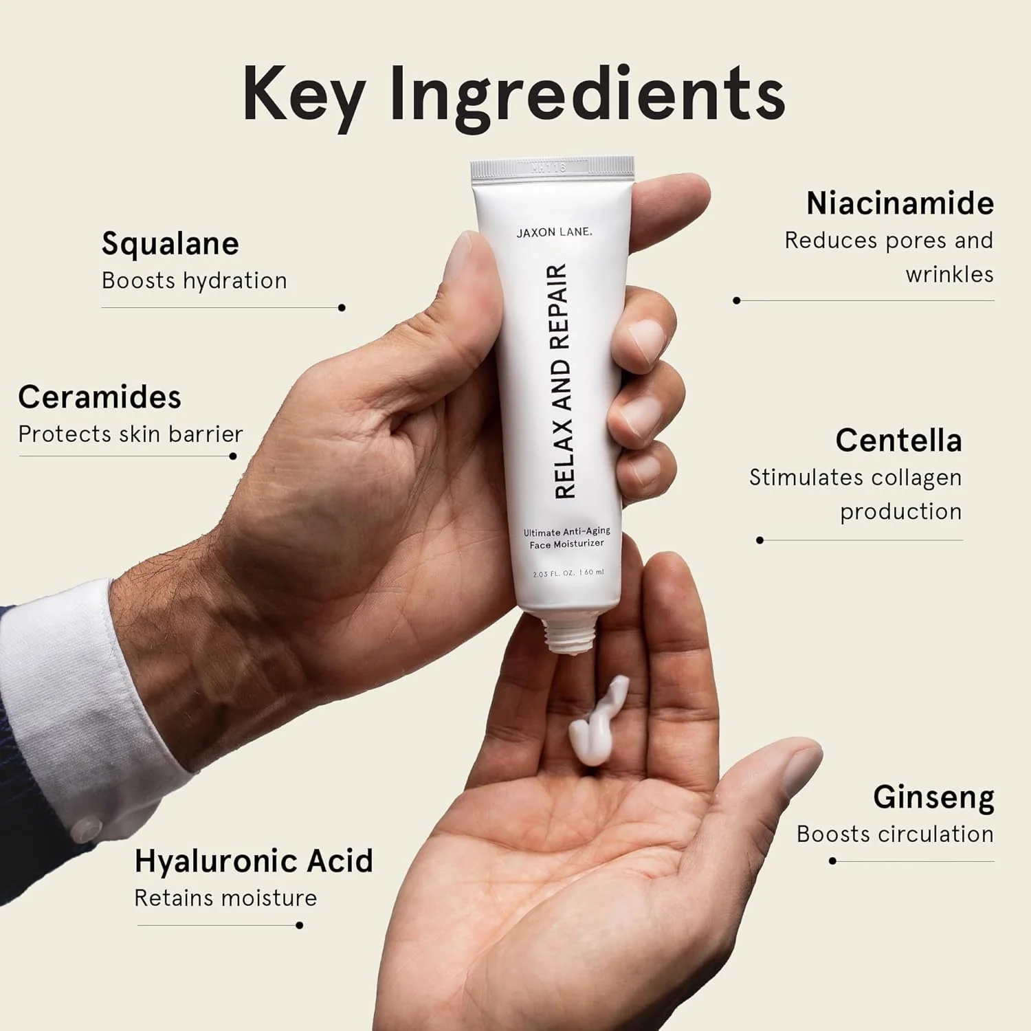 مرطوب کننده صورت ضد پیری ریلکس اند ریپیر جکسون لین برای مردان | کرم ضد چروک صورت، کرم شب، کرم دور چشم حاوی نیاسینامید (ویتامین B3)، اسید هیالورونیک، ویتامین E و سرامید برای پوست