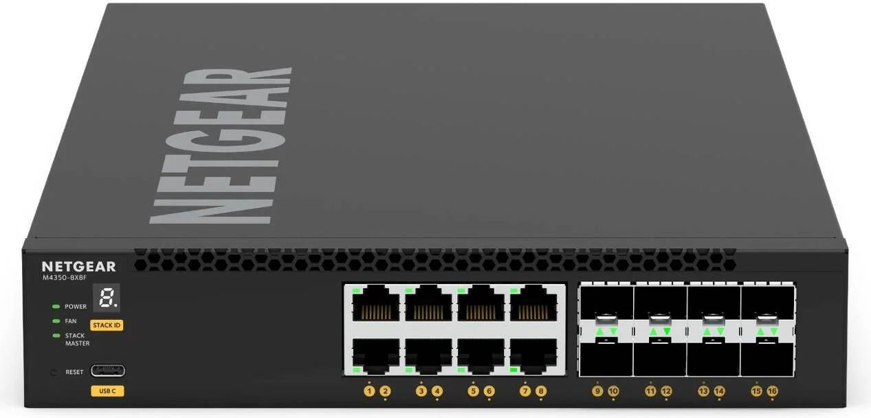 سوئیچ مدیریتی Netgear XSM4316 با 8 پورت 10G/Multi-Gig و 8 پورت SFP+، 16 پورت (8x 10G/Multi-Gig, 8x 10G SFP+)، NETGEAR ProSAFE، NETGEAR IGMP Plus، منبع تغذیه داخلی 240W، مشکی | M4350-8X8F