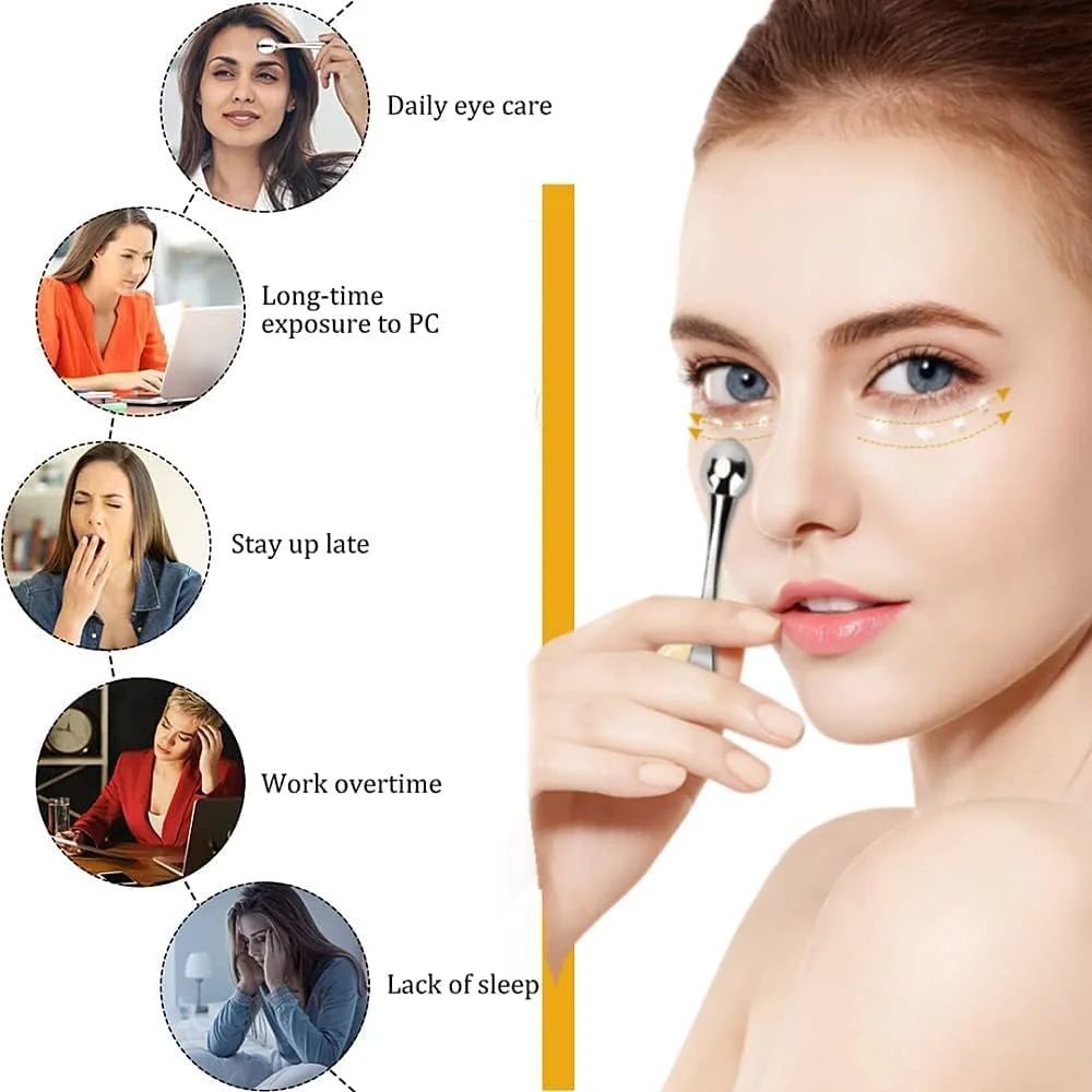 ابزار ماساژور دور چشم فلزی، ماساژور غلتکی صورت و چشم، رفع خستگی و پف زیر چشم، کاهش چین و چروک و تیرگی، مناسب برای دختران، دانشجویان و بانوان - 2 عدد