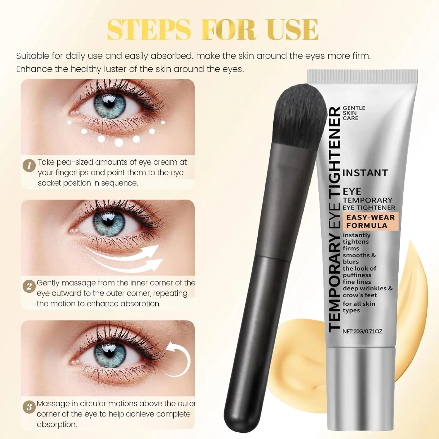 سرم سفت کننده پوست دور چشم با برس - لیفت فوری پوست زیر چشم، فرمول صاف و سفت کننده، آبرسانی برای کاهش ظاهر خطوط ریز، کرم ضد چروک، پرایمر آرایشی با استفاده آسان