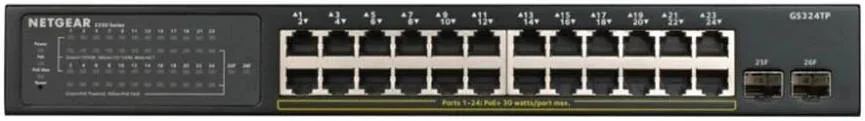 سوئیچ هوشمند 26 پورت گیگابیتی اترنت PoE+ مدیریتی NETGEAR GS324TP، 24 پورت PoE+ با بودجه توان کلی 190 وات، 2 پورت SFP 1G، قابل استفاده رومیزی یا رک مونت، سری S350، مشکی | GS324TP-100EUS سوئیچ هوشمند 26 پورت گیگابیتی اترنت PoE+ مدیریتی NETGEAR GS324TP، 24 پورت PoE+ با بودجه توان کلی 190 وات، 2 پورت SFP 1G، قابل استفاده رومیزی یا رک مونت، سری S350، مشکی | GS324TP-100EUS
