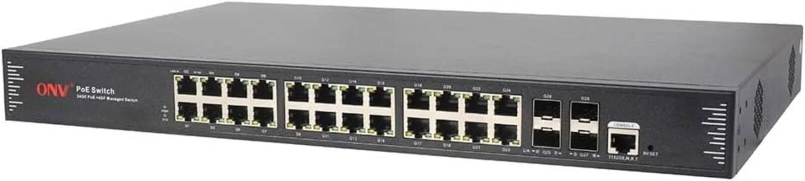 سوئیچ PoE مدیریتی L2+ گیگابیتی 28 پورت ONV-POE33028PFM، دارای 24 پورت GE POE+ و 4 پورت GF(RTL) مدیریتی 1000M POE (400W)، کنترل CLI/Web/SNMP/Telnet برای دوربین های مداربسته و AP ها